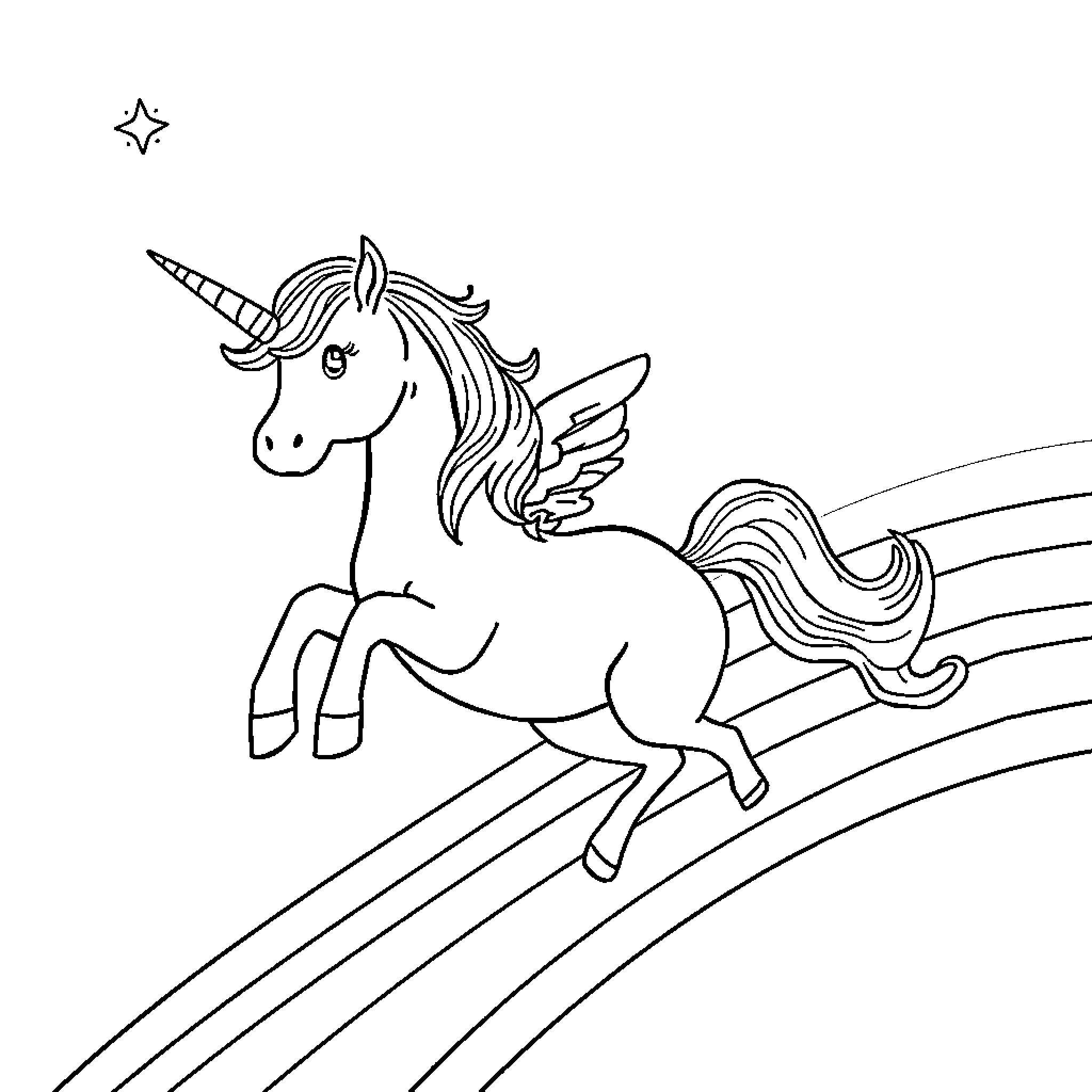 Unicorn running through magical rainbow Coloring Page (free black-and-white line drawing printable PDF for all, from beginners to advanced learners, including children, teens, adults, and seniors)
