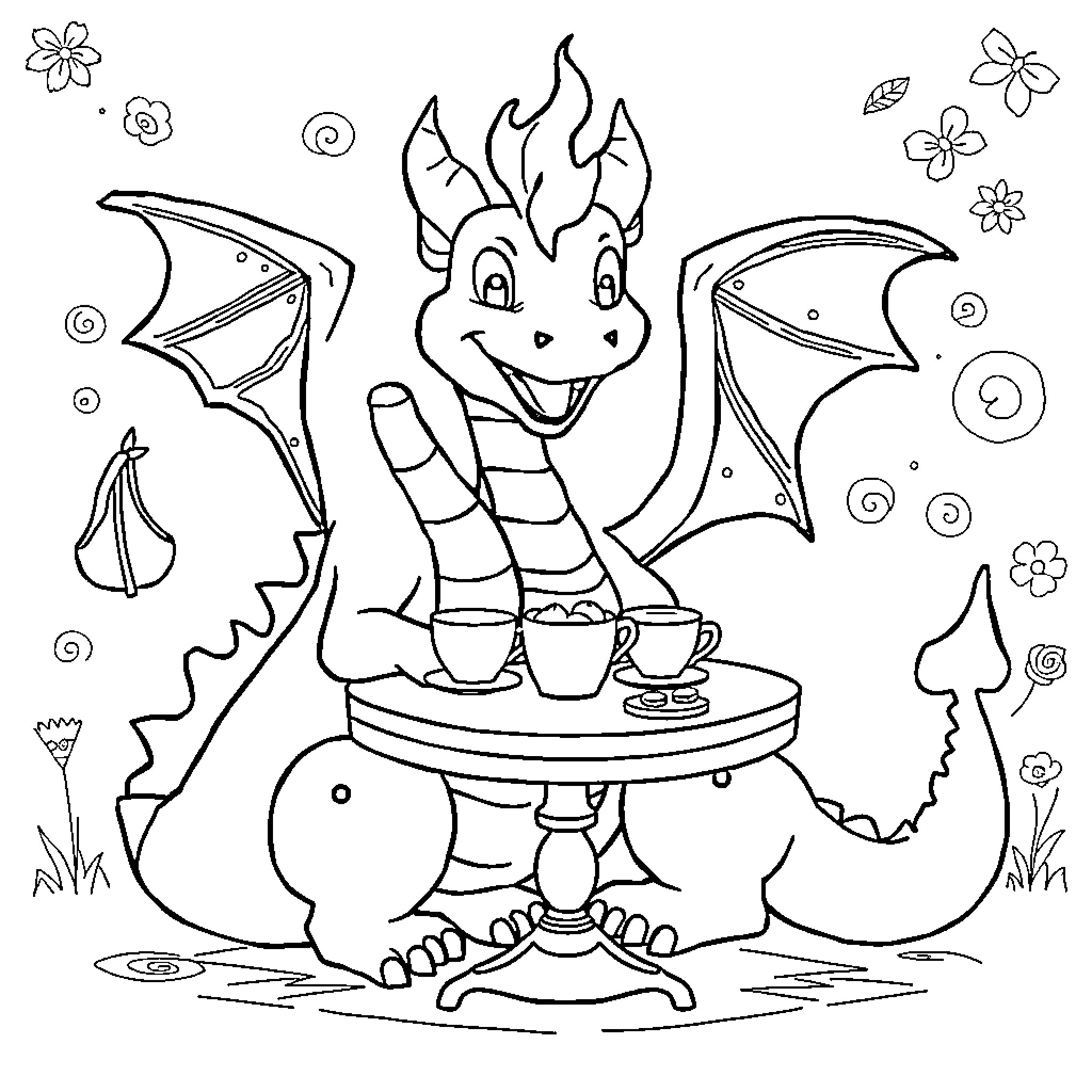 Dragon enjoying tea party with friends Coloring Page (free black-and-white line drawing printable PDF for all, from beginners to advanced learners, including children, teens, adults, and seniors)