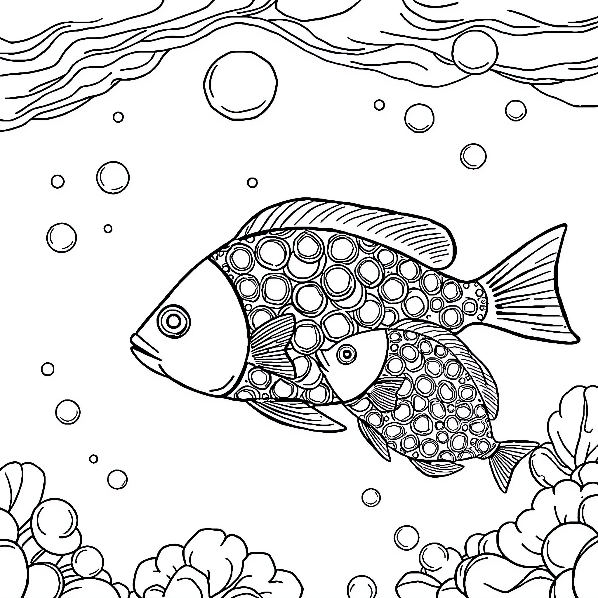 Fish swimming in abstract underwater scene Coloring Page (free black-and-white line drawing printable PDF for all, from beginners to advanced learners, including children, teens, adults, and seniors)