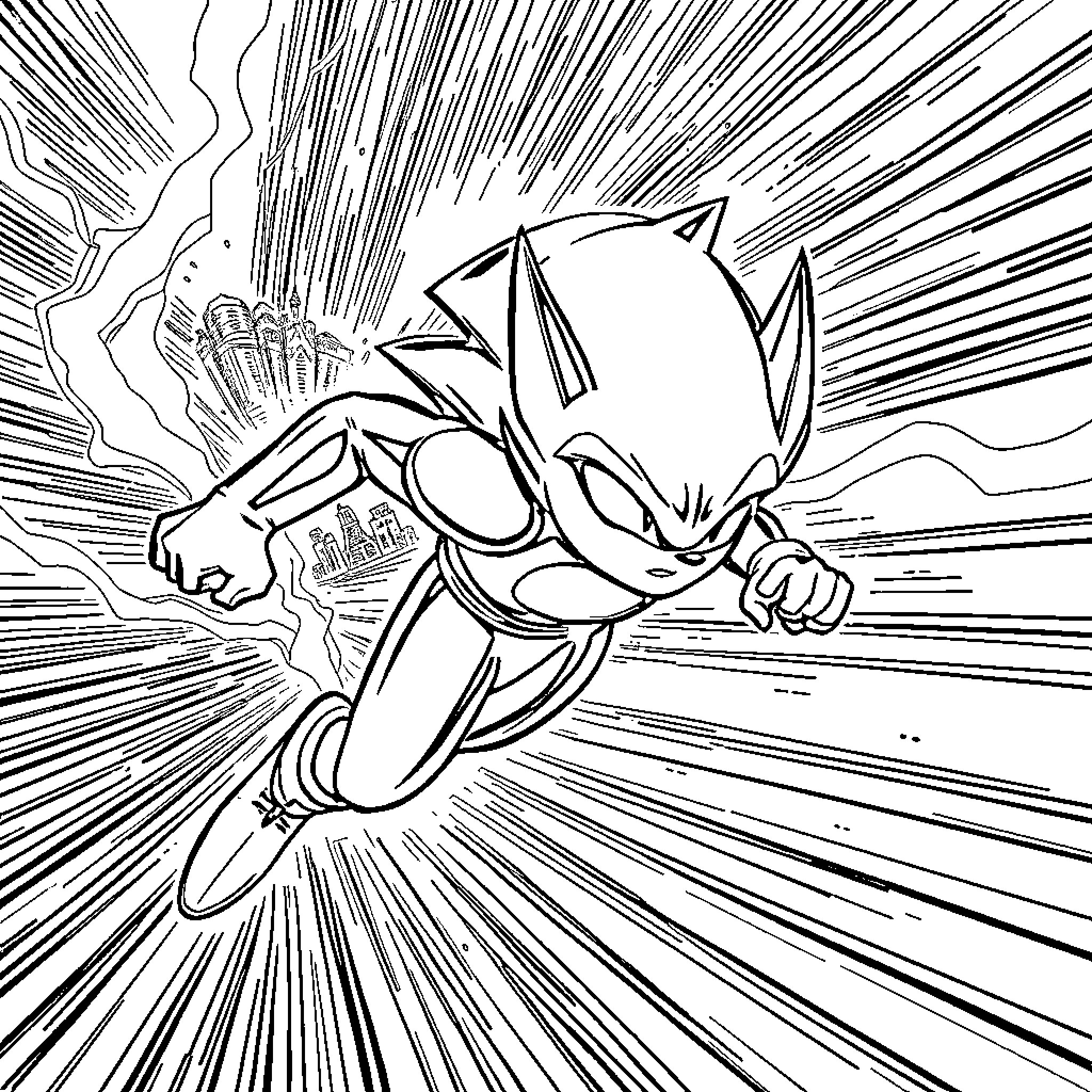 Sonic dashing through a dynamic scene Coloring Page (free black-and-white line drawing printable PDF for all, from beginners to advanced learners, including children, teens, adults, and seniors)