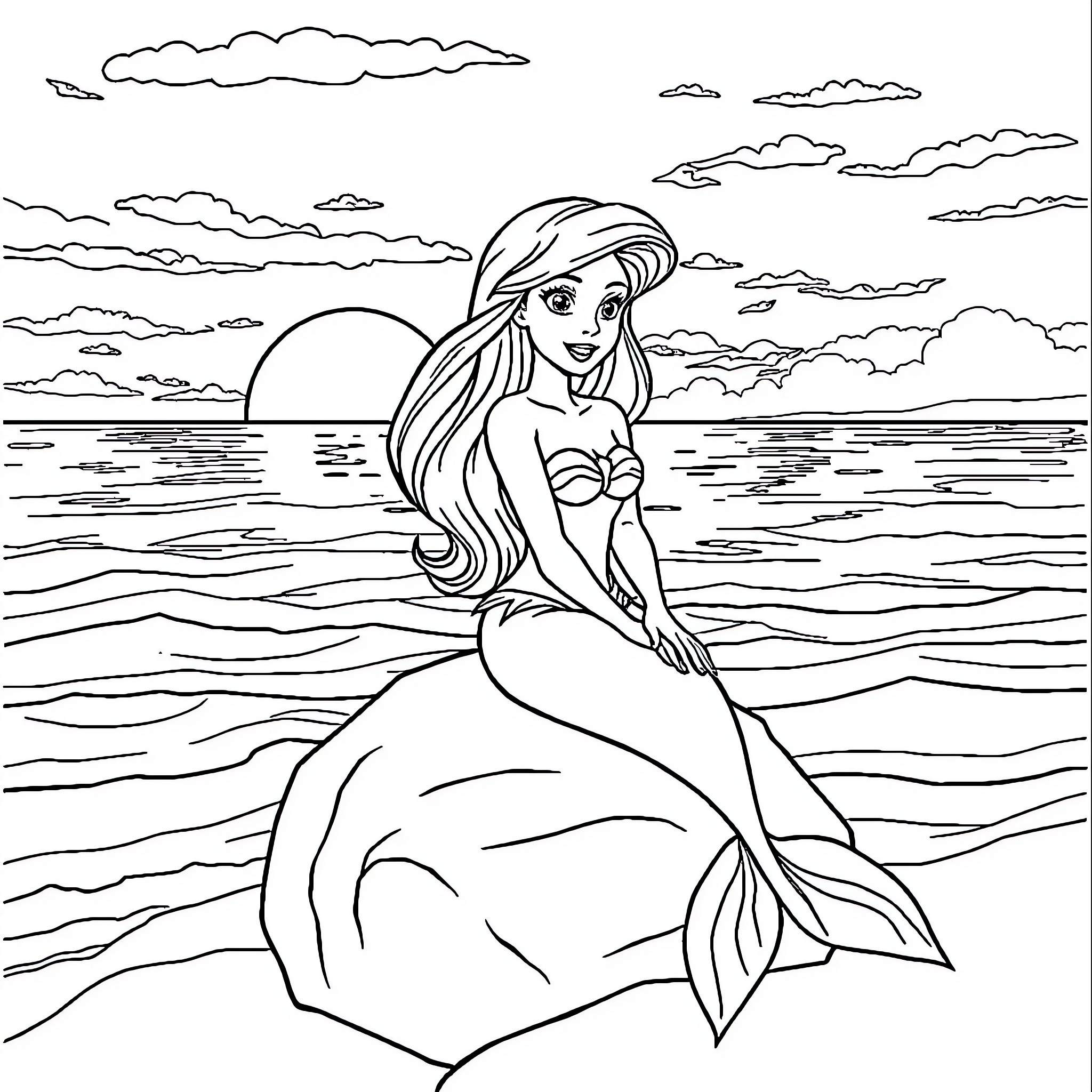Ariel, the Mermaid, Enjoying the Sunset by the Sea Coloring Page (free black-and-white line drawing printable PDF for all, from beginners to advanced learners, including children, teens, adults, and seniors)