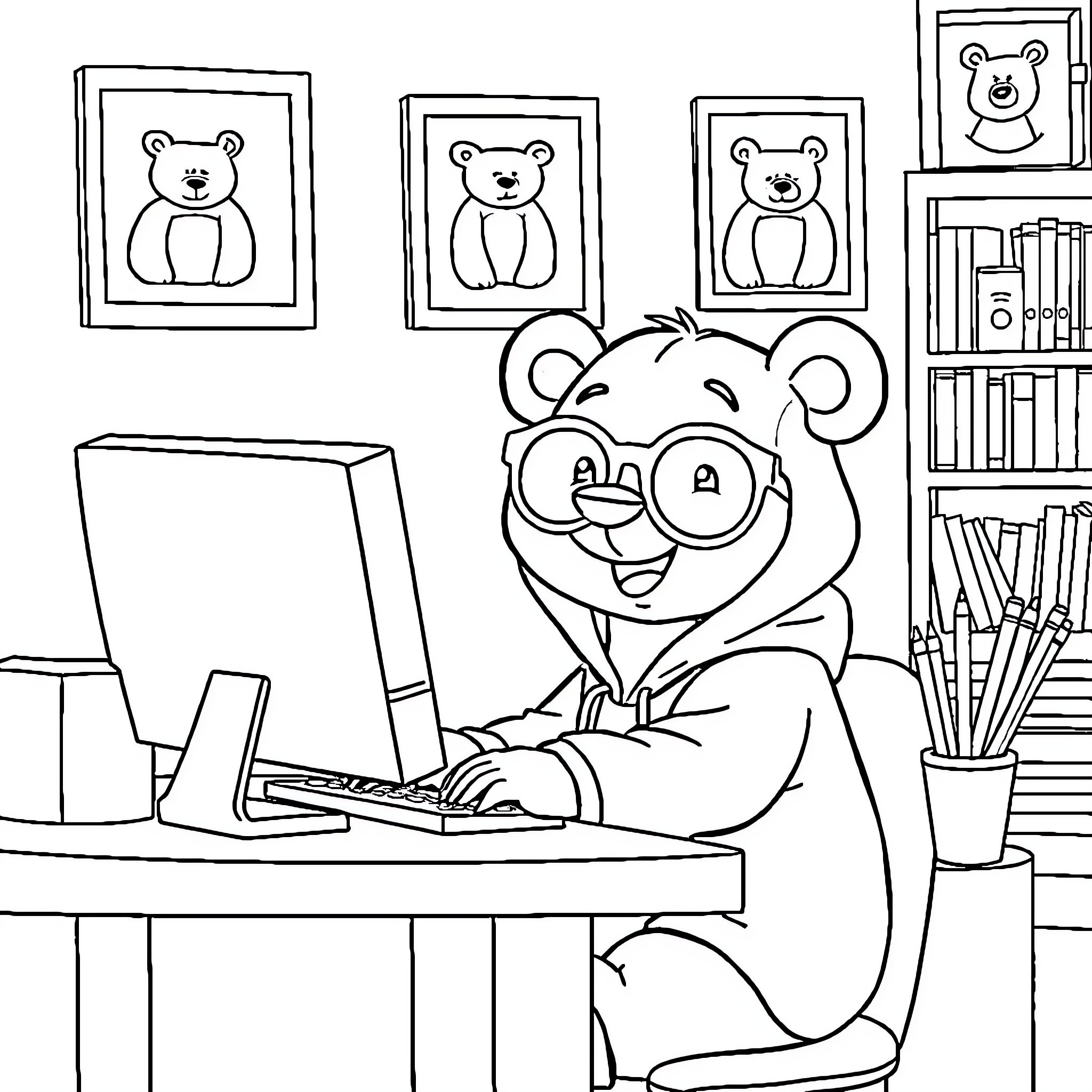 Bear happily working on a computer in a cozy study Coloring Page (free black-and-white line drawing printable PDF for all, from beginners to advanced learners, including children, teens, adults, and seniors)
