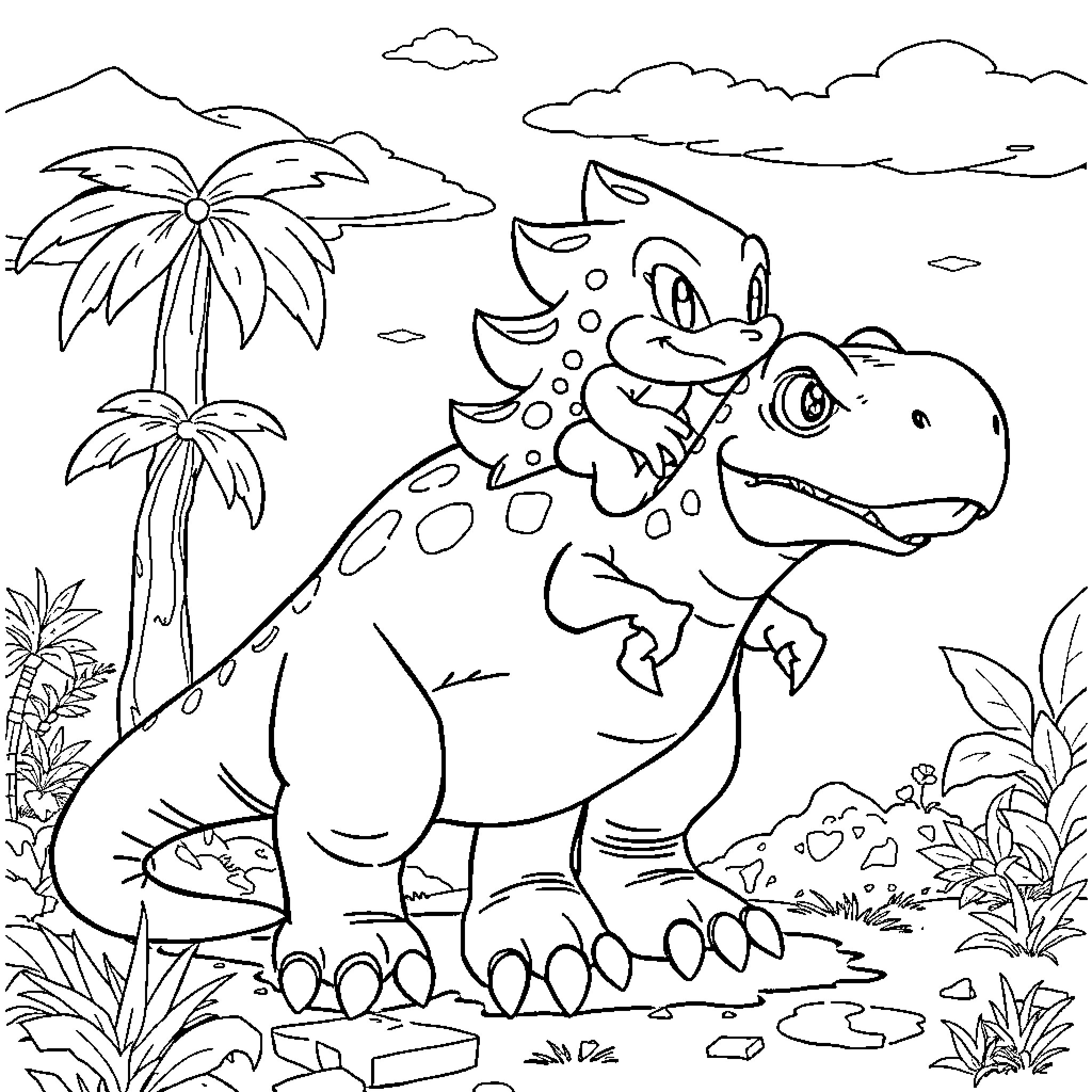Knuckles the Dinosaur Explores Tropical Landscape Coloring Page (free black-and-white line drawing printable PDF for all, from beginners to advanced learners, including children, teens, adults, and seniors)