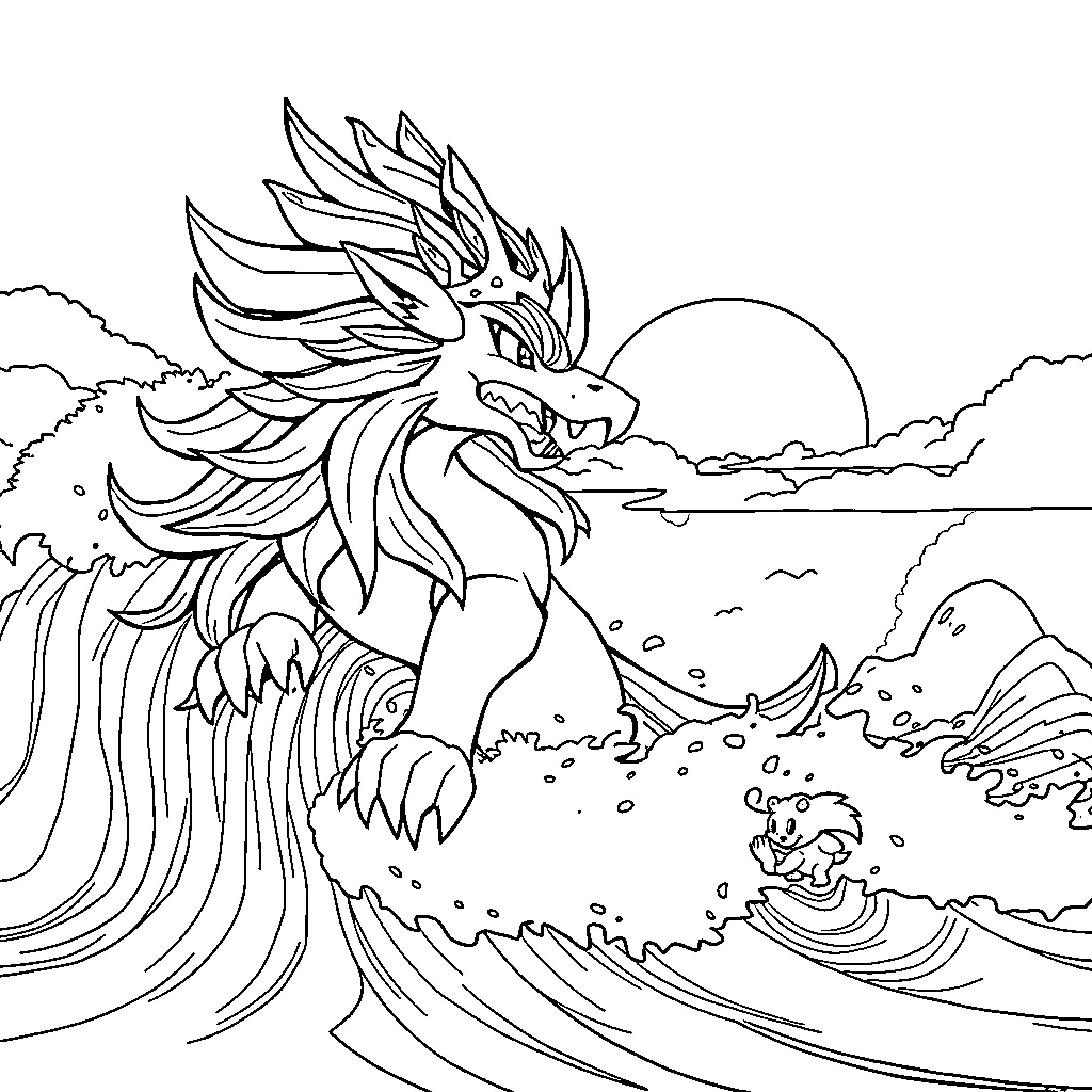 Entei Riding Powerful Waves in Stormy Seascape Coloring Page (free black-and-white line drawing printable PDF for all, from beginners to advanced learners, including children, teens, adults, and seniors)