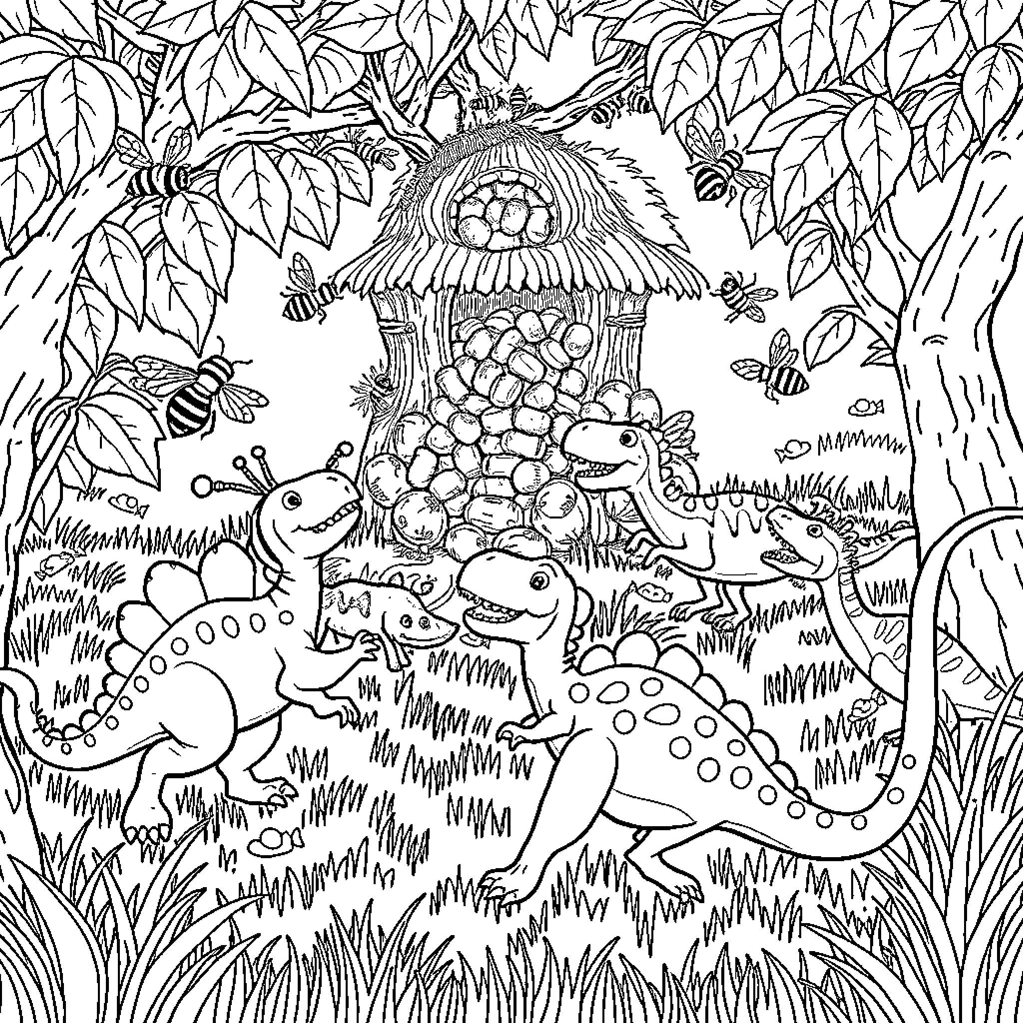 Bee exploring whimsical forest scene with mushrooms and creatures Coloring Page (free black-and-white line drawing printable PDF for all, from beginners to advanced learners, including children, teens, adults, and seniors)