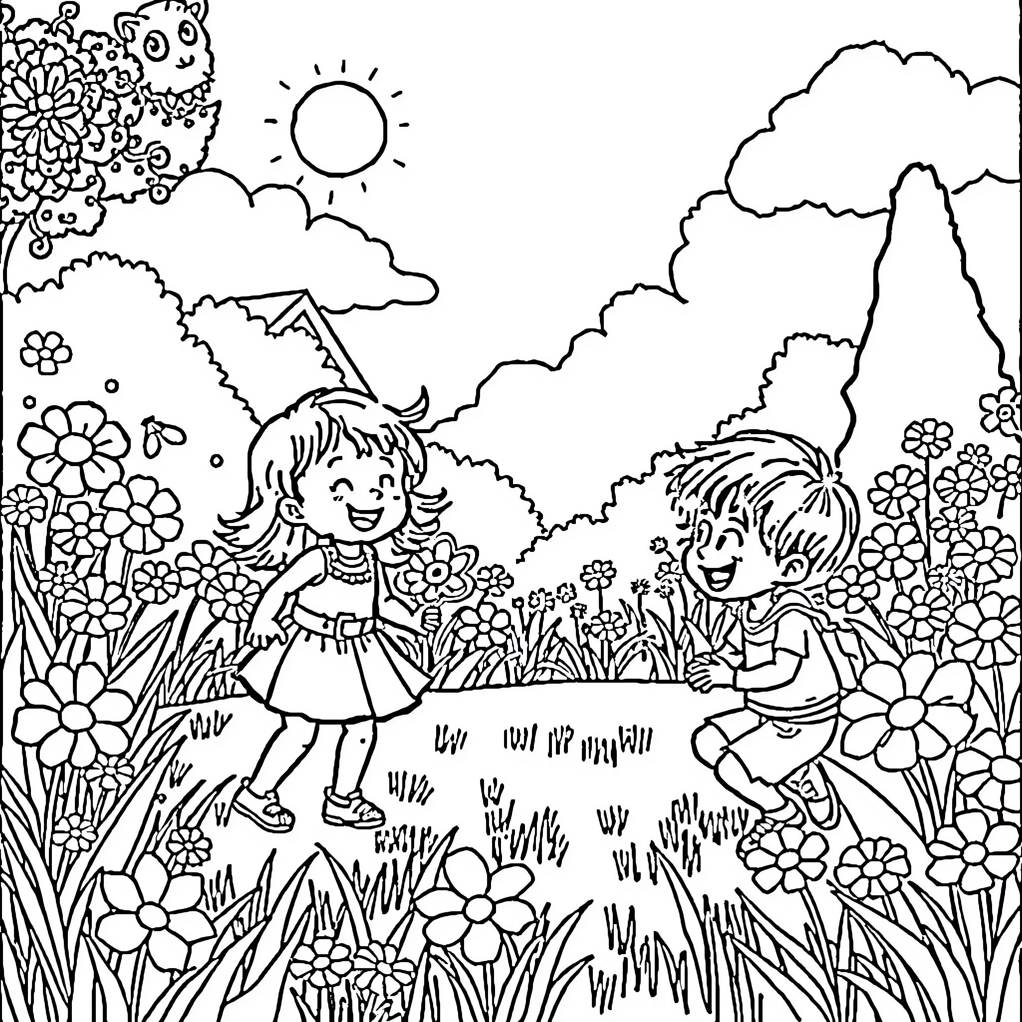 Kids playing joyfully in the garden Coloring Page (free black-and-white line drawing printable PDF for all, from beginners to advanced learners, including children, teens, adults, and seniors)