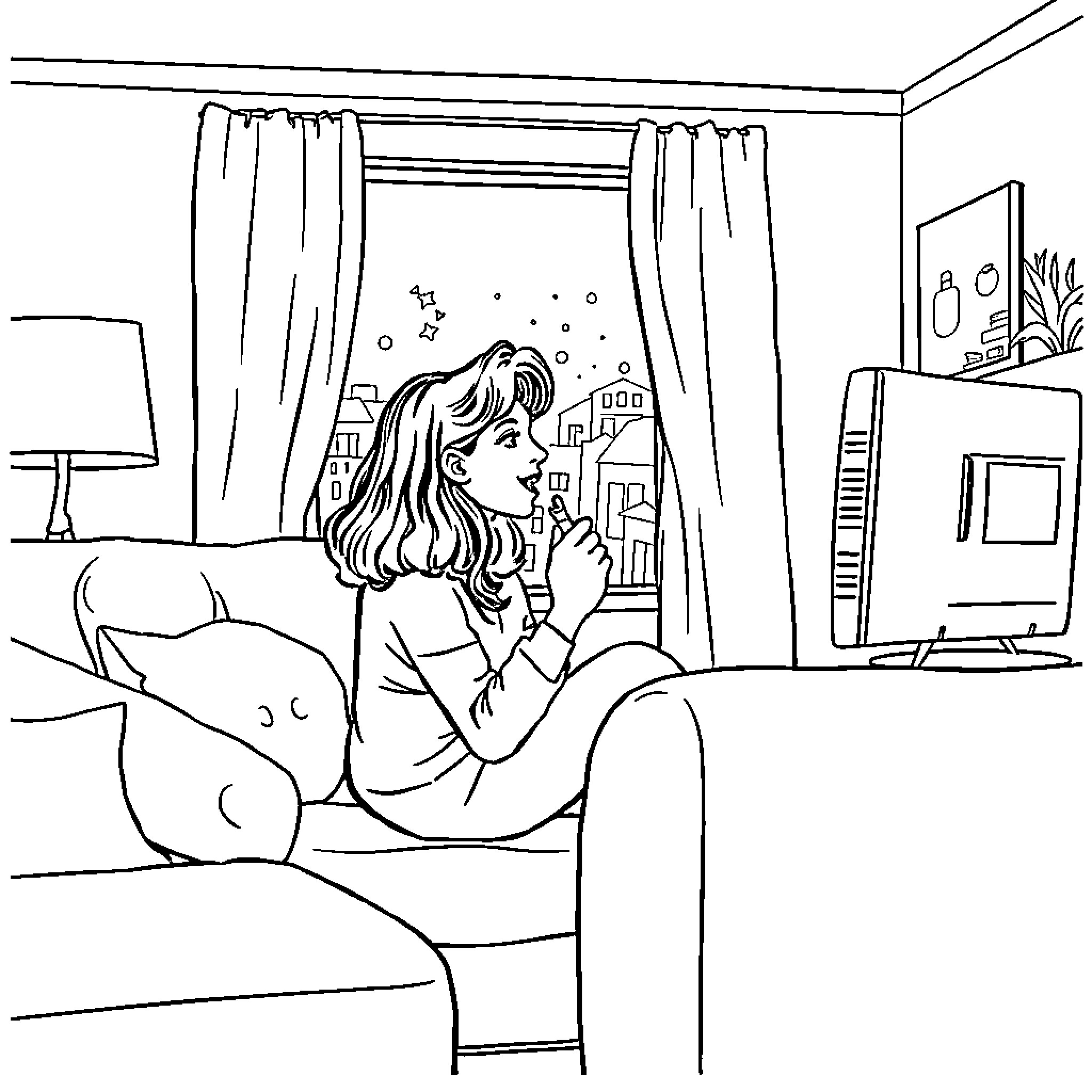 Woman relaxing on couch with cat in living room Coloring Page (free black-and-white line drawing printable PDF for all, from beginners to advanced learners, including children, teens, adults, and seniors)
