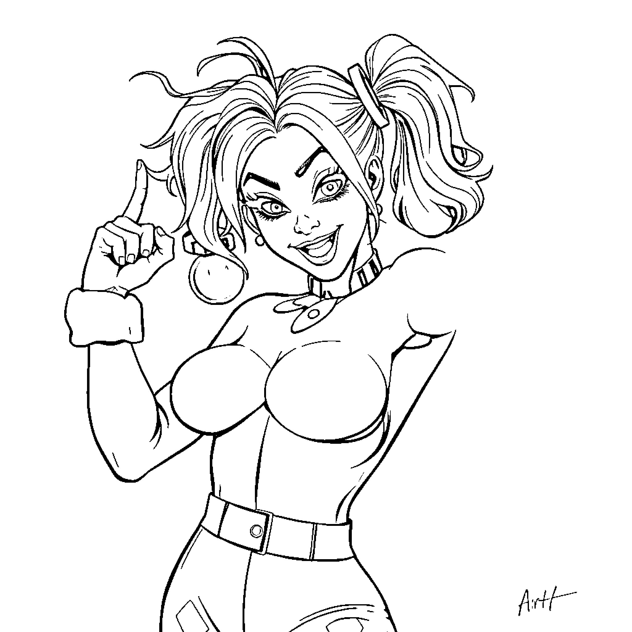 Harley Quinn's Playful and Energetic Pose Coloring Page (free black-and-white line drawing printable PDF for all, from beginners to advanced learners, including children, teens, adults, and seniors)