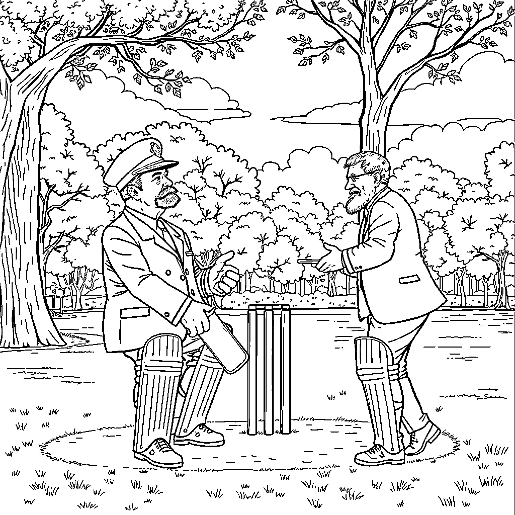 Stalin playing cricket with his companion in the park Coloring Page (free black-and-white line drawing printable PDF for all, from beginners to advanced learners, including children, teens, adults, and seniors)