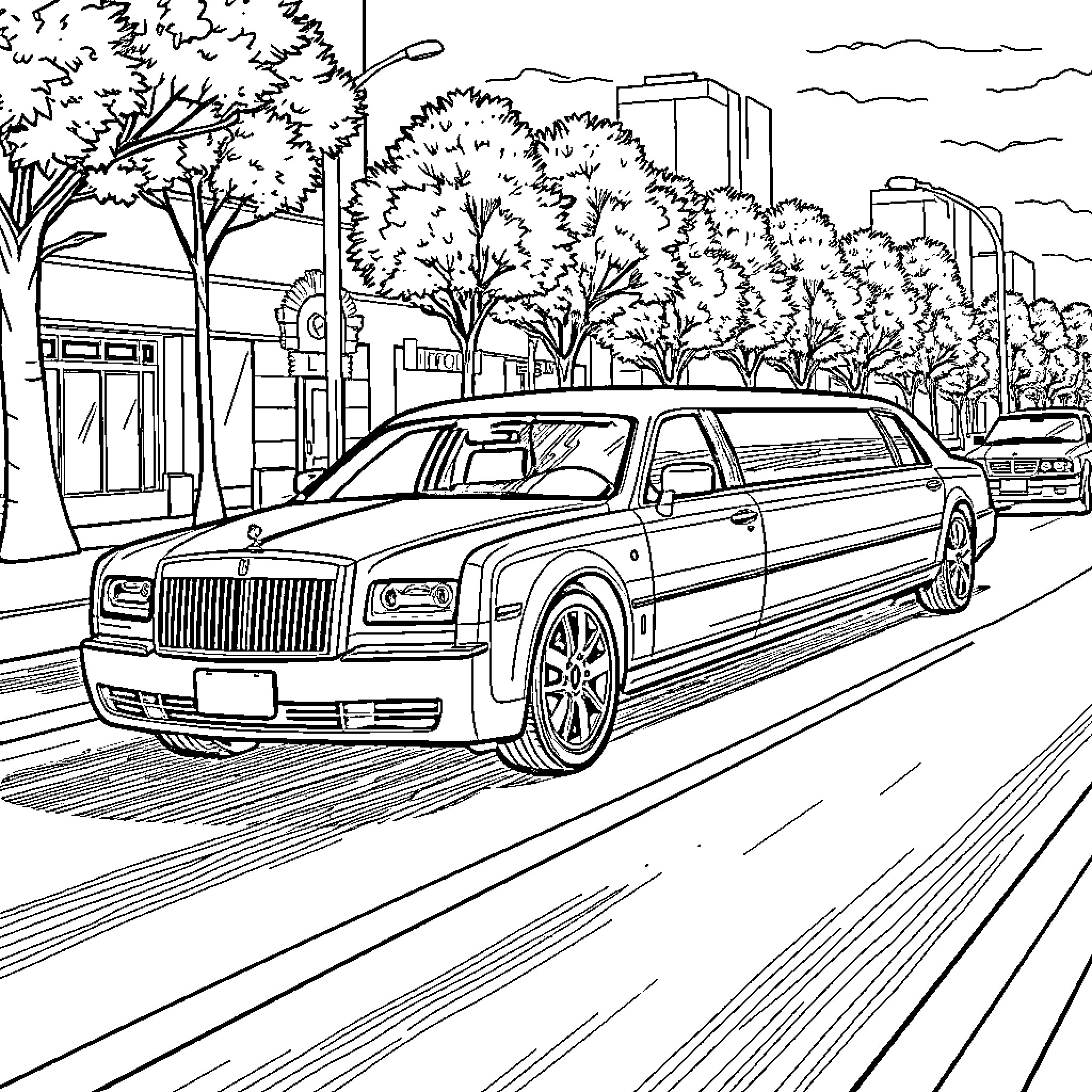 Limousine cruising through the city Coloring Page (free black-and-white line drawing printable PDF for all, from beginners to advanced learners, including children, teens, adults, and seniors)