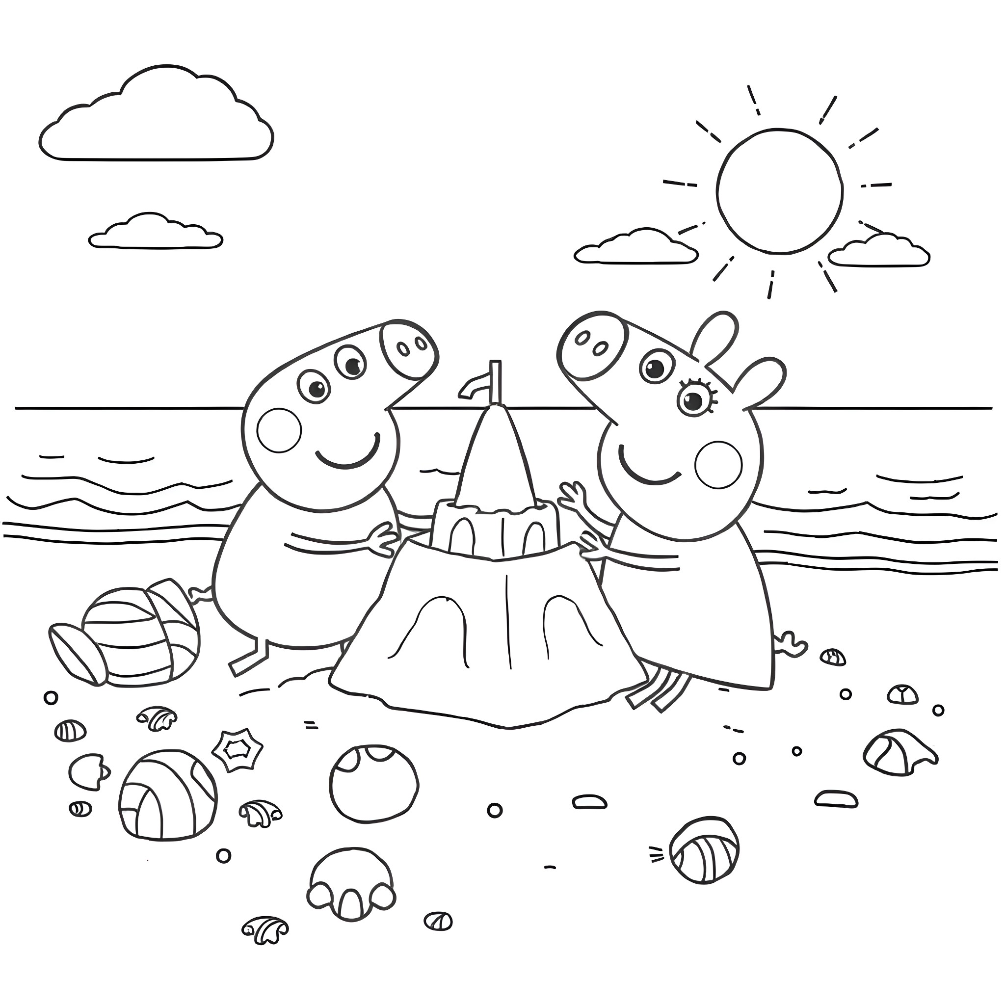 Peppa Pig and friends building a sandcastle at the beach Coloring Page (free black-and-white line drawing printable PDF for all, from beginners to advanced learners, including children, teens, adults, and seniors)