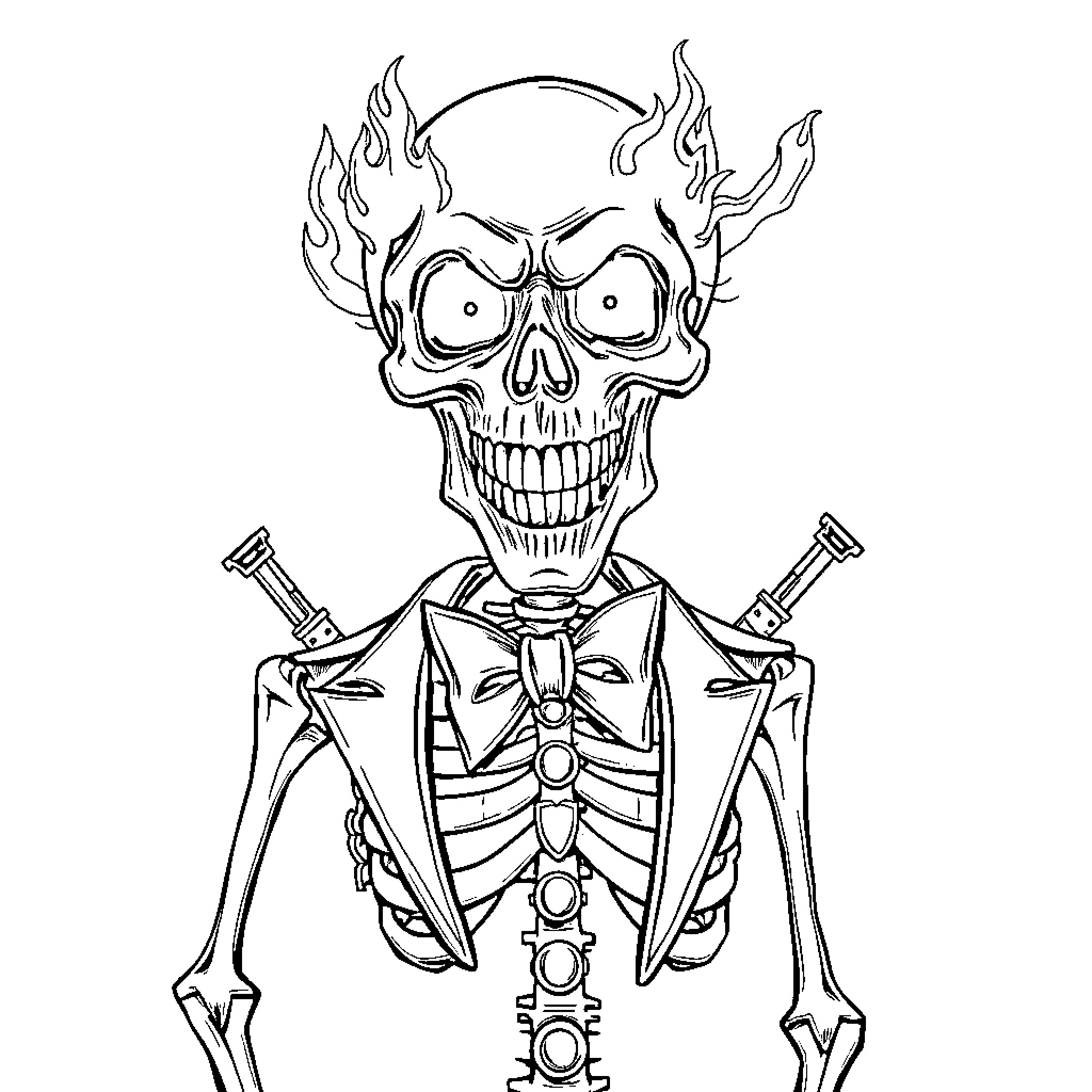 Skeleton with Flaming Skull and Crossed Bones Coloring Page (free black-and-white line drawing printable PDF for all, from beginners to advanced learners, including children, teens, adults, and seniors)