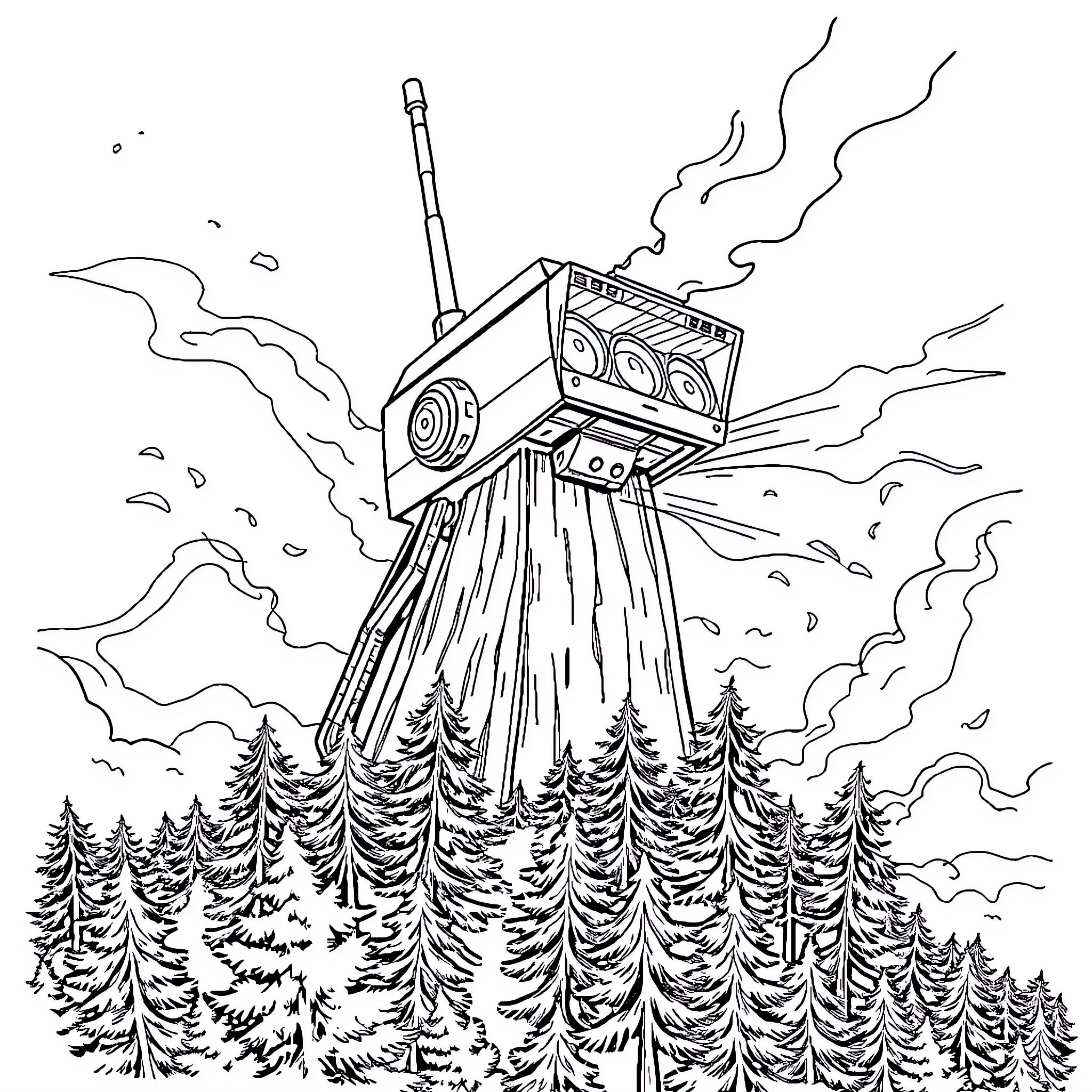 Siren Head towering over a forested landscape Coloring Page (free black-and-white line drawing printable PDF for all, from beginners to advanced learners, including children, teens, adults, and seniors)