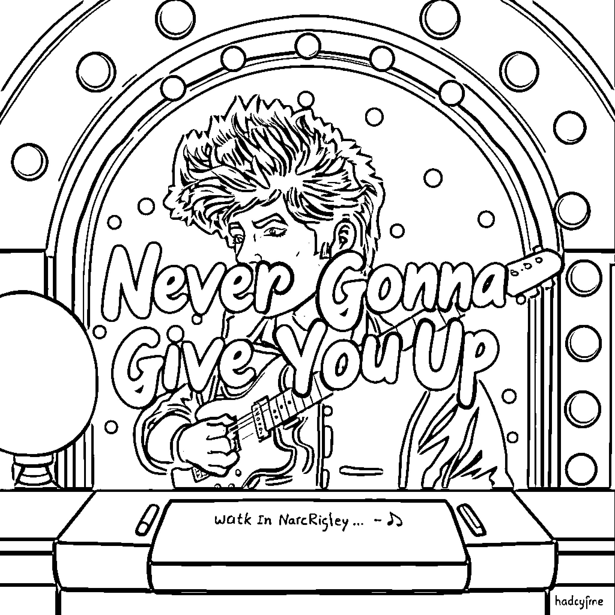 Rick Rolling - Person playing guitar with 'Never Gonna Give You Up' text Coloring Page (free black-and-white line drawing printable PDF for all, from beginners to advanced learners, including children, teens, adults, and seniors)