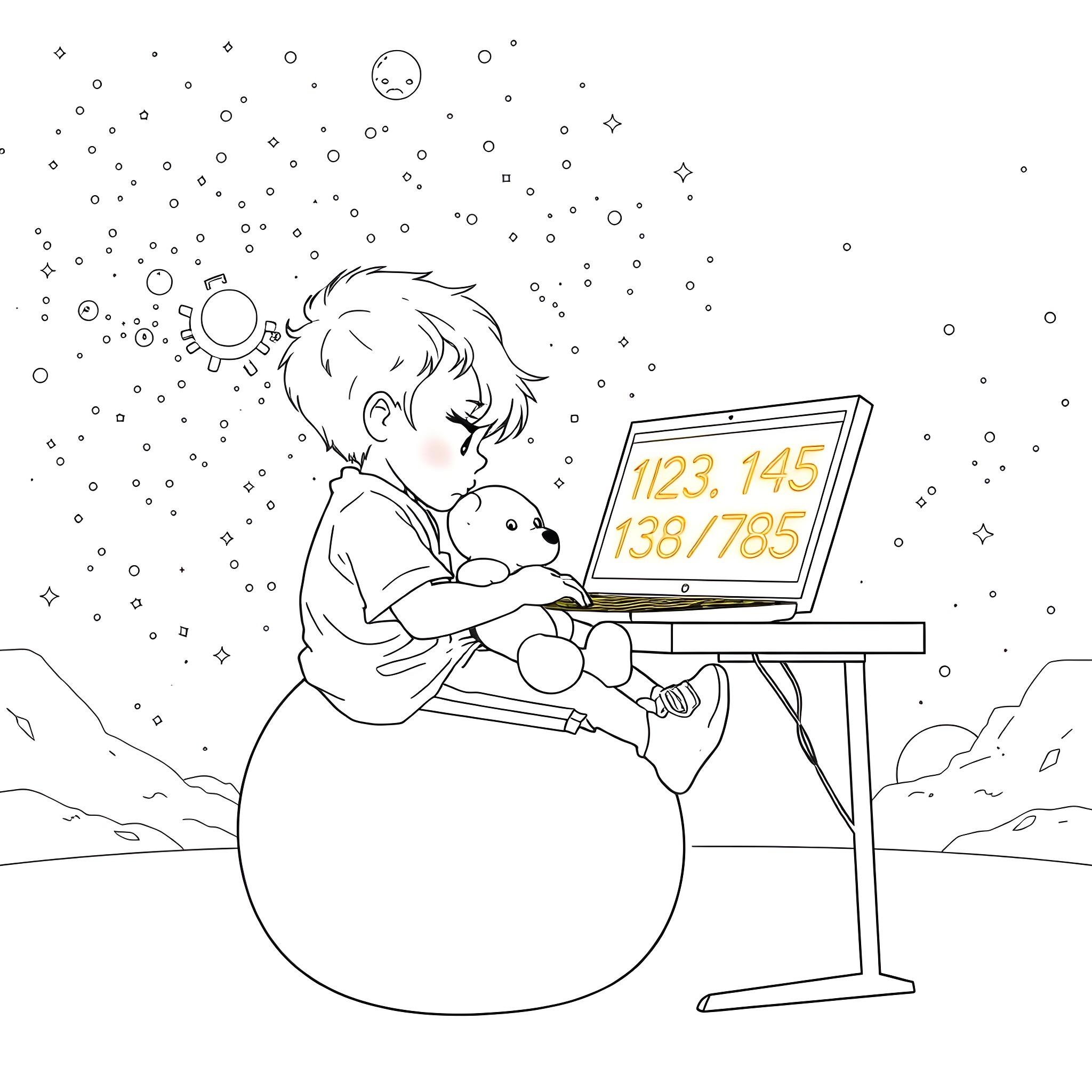 Boy studying math equations on a snowy day Coloring Page (free black-and-white line drawing printable PDF for all, from beginners to advanced learners, including children, teens, adults, and seniors)