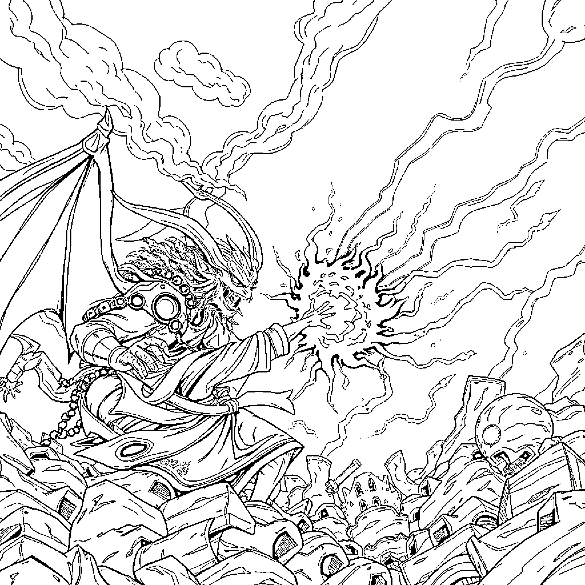 Tanjiro's Fierce Battle Against Demonic Forces Coloring Page (free black-and-white line drawing printable PDF for all, from beginners to advanced learners, including children, teens, adults, and seniors)