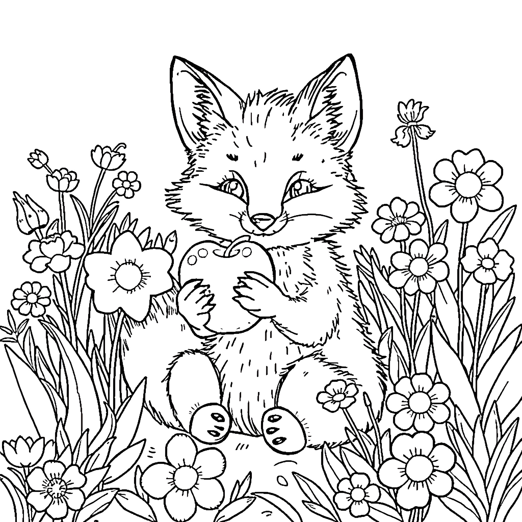 Fox snuggling in a floral meadow Coloring Page (free black-and-white line drawing printable PDF for all, from beginners to advanced learners, including children, teens, adults, and seniors)
