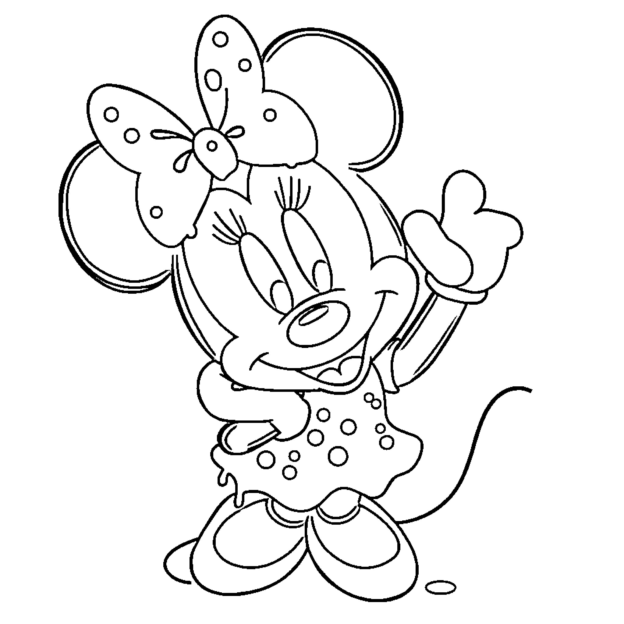 Minnie Mouse in a cheerful pose Coloring Page (free black-and-white line drawing printable PDF for all, from beginners to advanced learners, including children, teens, adults, and seniors)