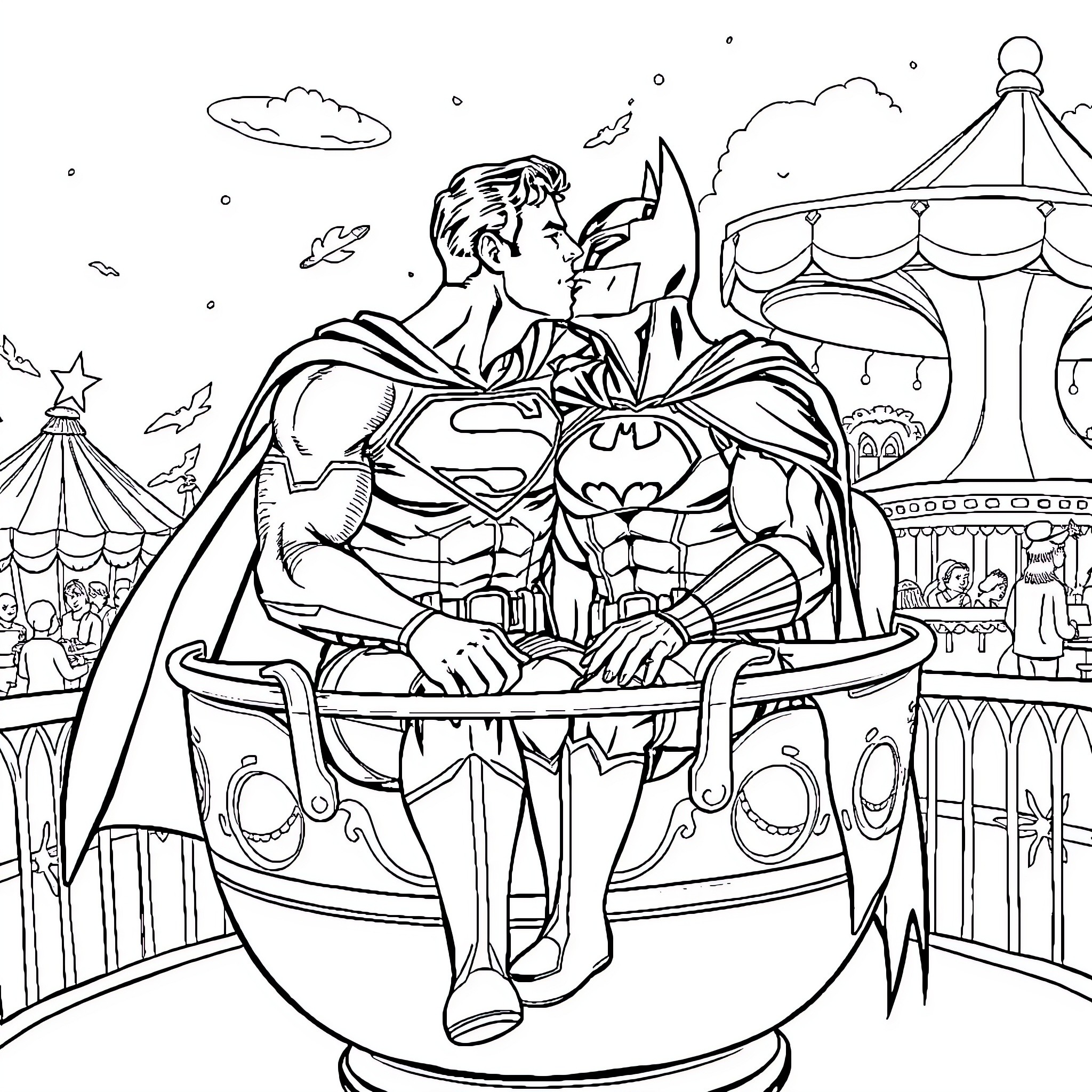 Superman and Batman sharing a ride on a carnival carousel Coloring Page (free black-and-white line drawing printable PDF for all, from beginners to advanced learners, including children, teens, adults, and seniors)