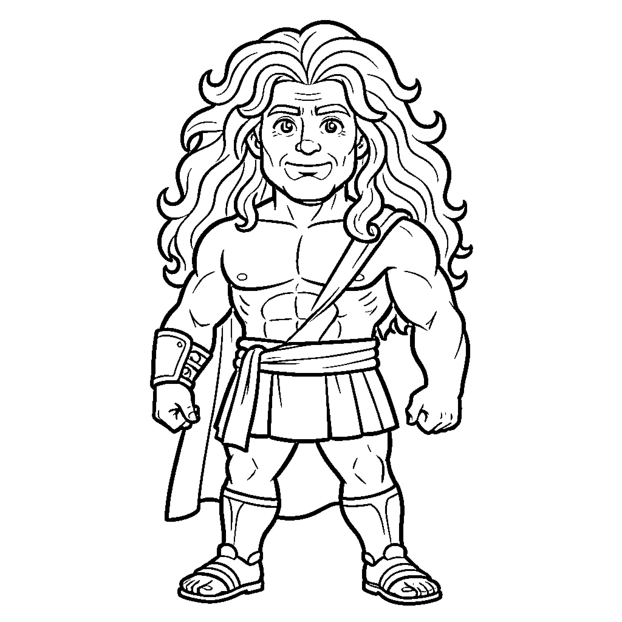 Sansón standing proudly with long flowing hair Coloring Page (free black-and-white line drawing printable PDF for all, from beginners to advanced learners, including children, teens, adults, and seniors)