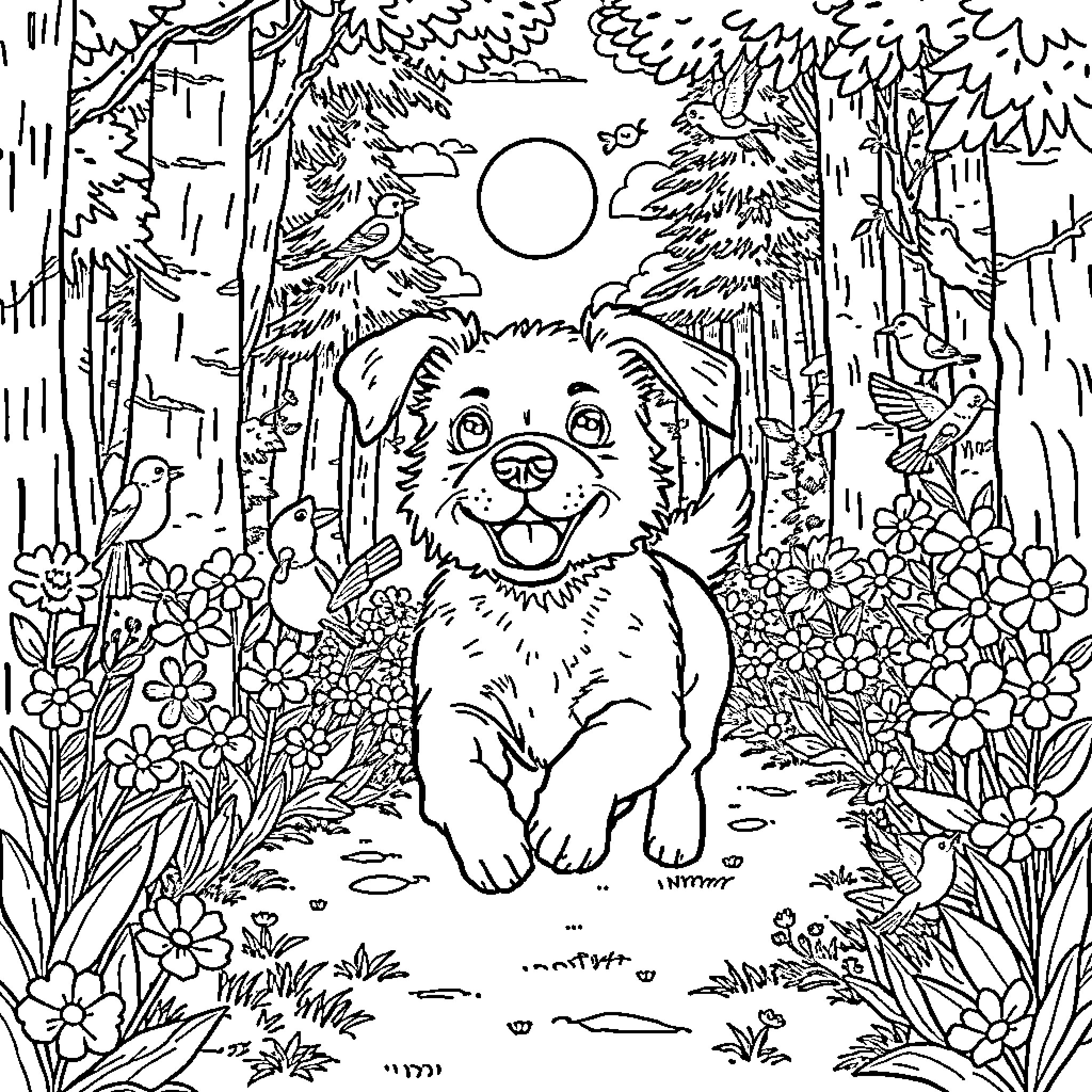 Dog Exploring the Enchanting Forest Coloring Page (free black-and-white line drawing printable PDF for all, from beginners to advanced learners, including children, teens, adults, and seniors)