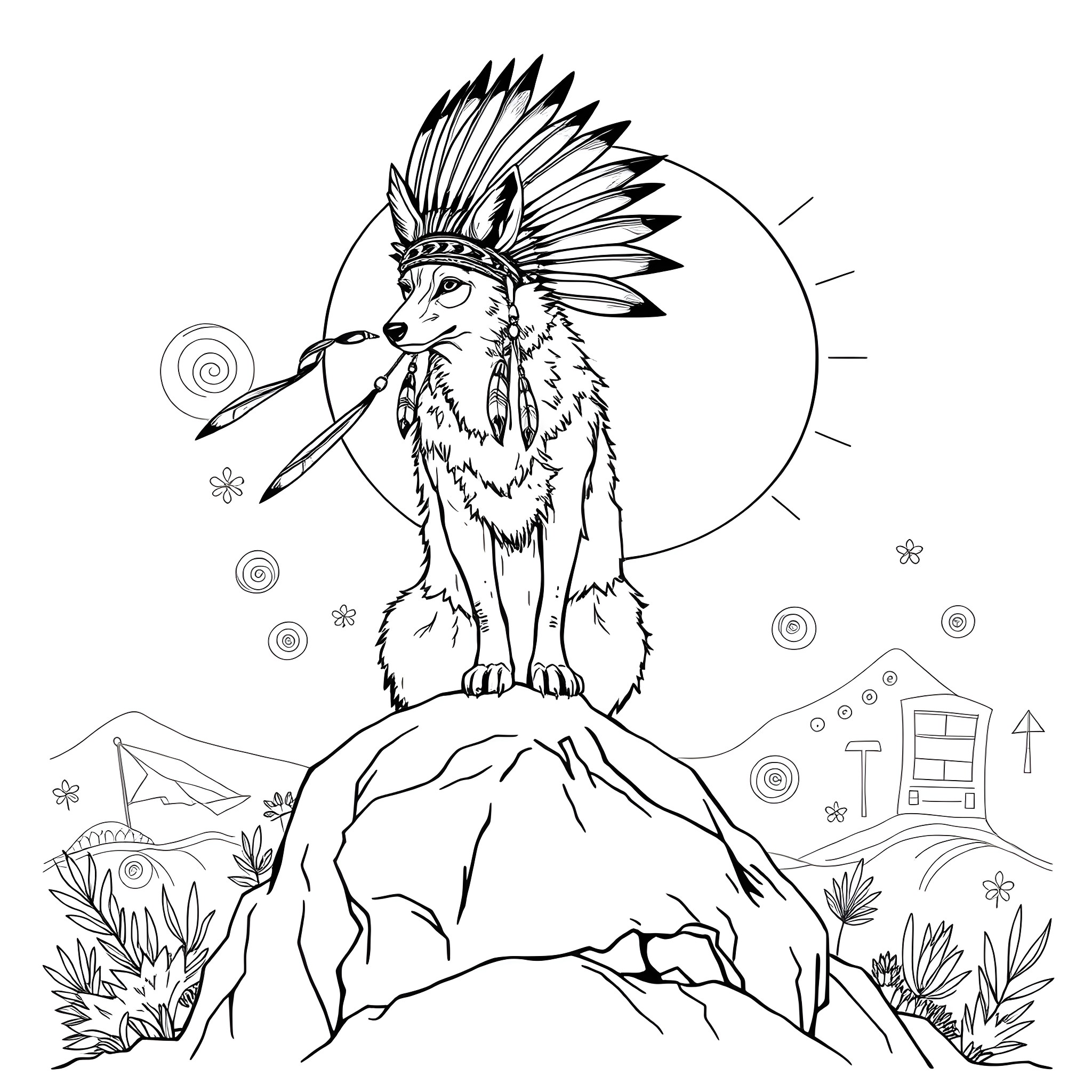 Coyote in tribal headdress standing on a rocky cliff Coloring Page (free black-and-white line drawing printable PDF for all, from beginners to advanced learners, including children, teens, adults, and seniors)