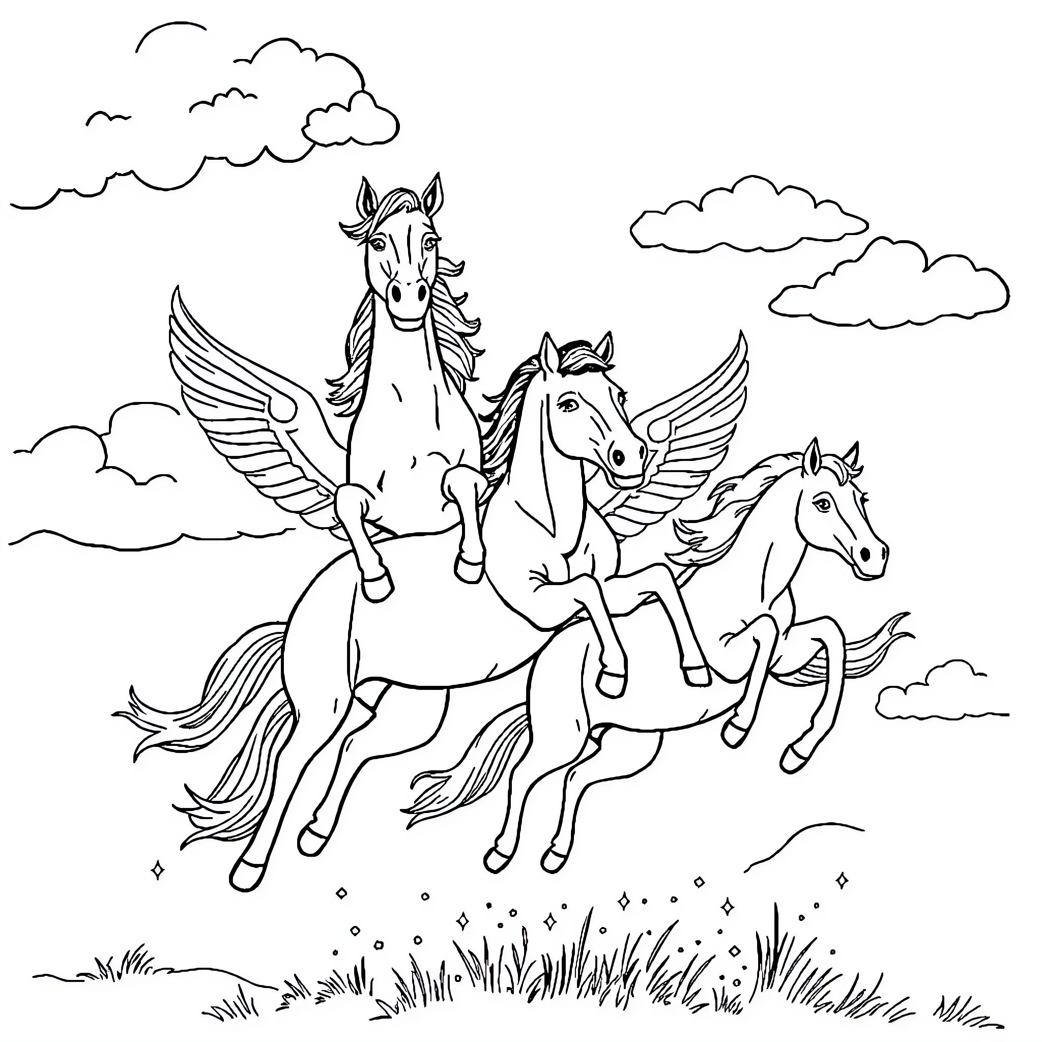 Horses with Wings Soaring in the Clouds Coloring Page (free black-and-white line drawing printable PDF for all, from beginners to advanced learners, including children, teens, adults, and seniors)
