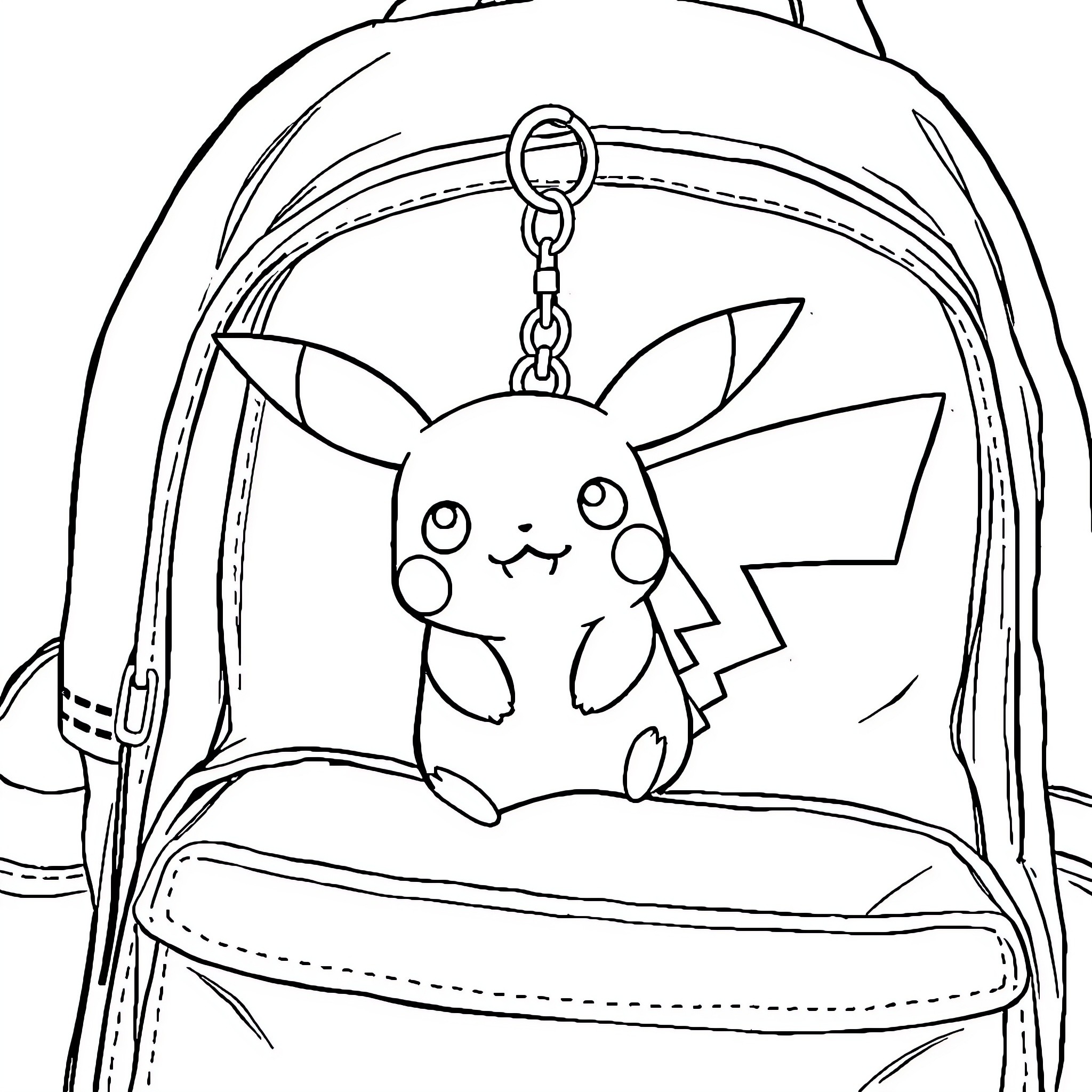 Pikachu hanging from backpack in a cute pose Coloring Page (free black-and-white line drawing printable PDF for all, from beginners to advanced learners, including children, teens, adults, and seniors)