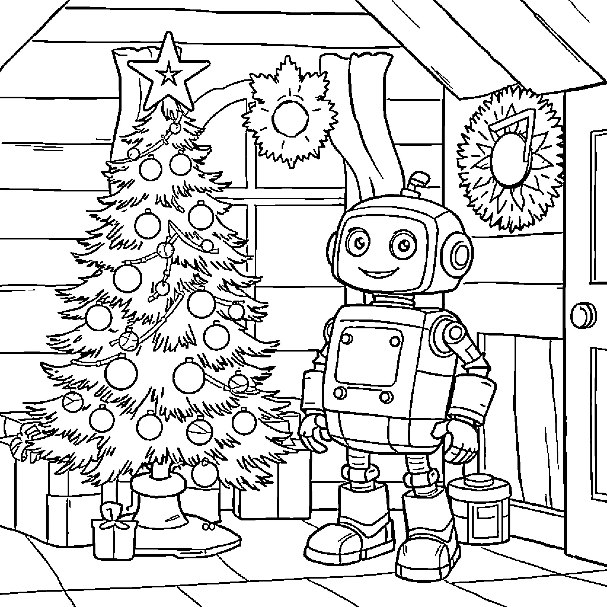 Robot decorating Christmas tree in festive home Coloring Page (free black-and-white line drawing printable PDF for all, from beginners to advanced learners, including children, teens, adults, and seniors)