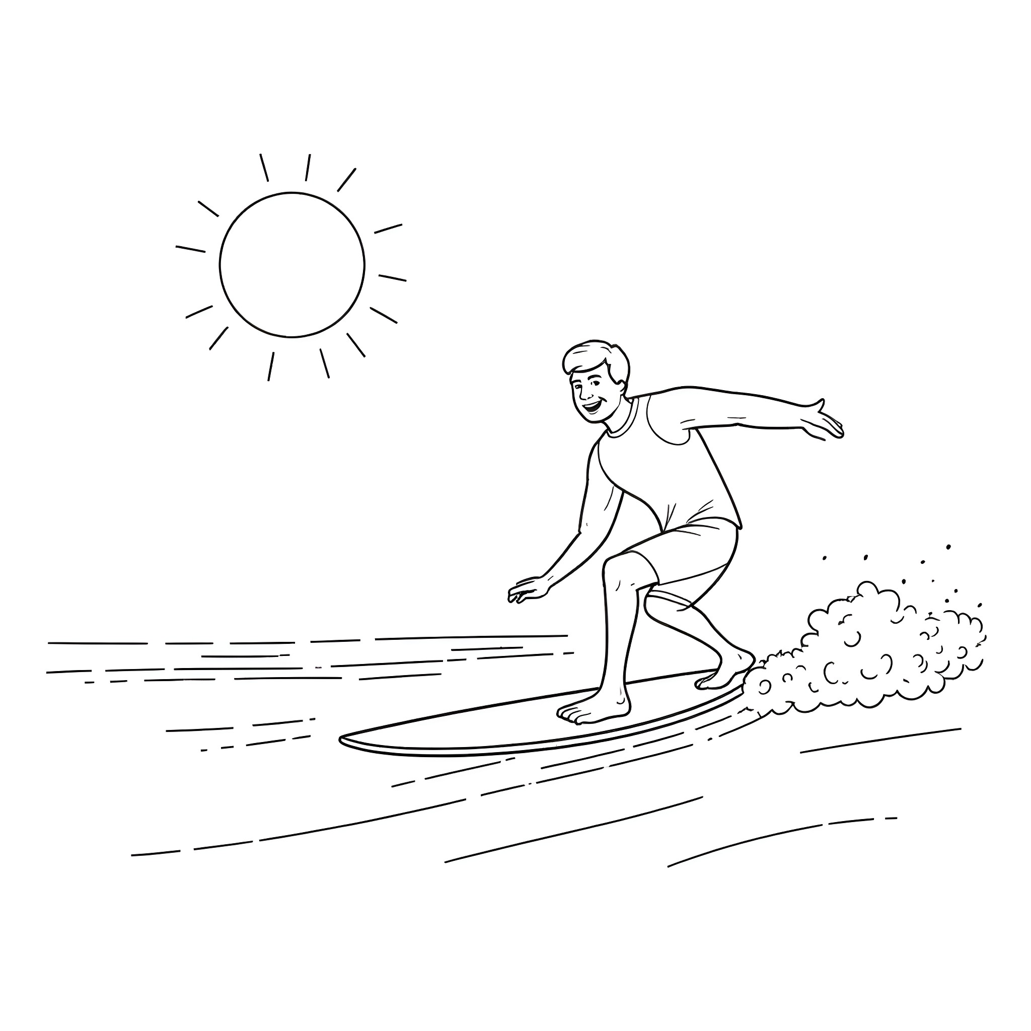 Dad surfing under the sun Coloring Page (free black-and-white line drawing printable PDF for all, from beginners to advanced learners, including children, teens, adults, and seniors)