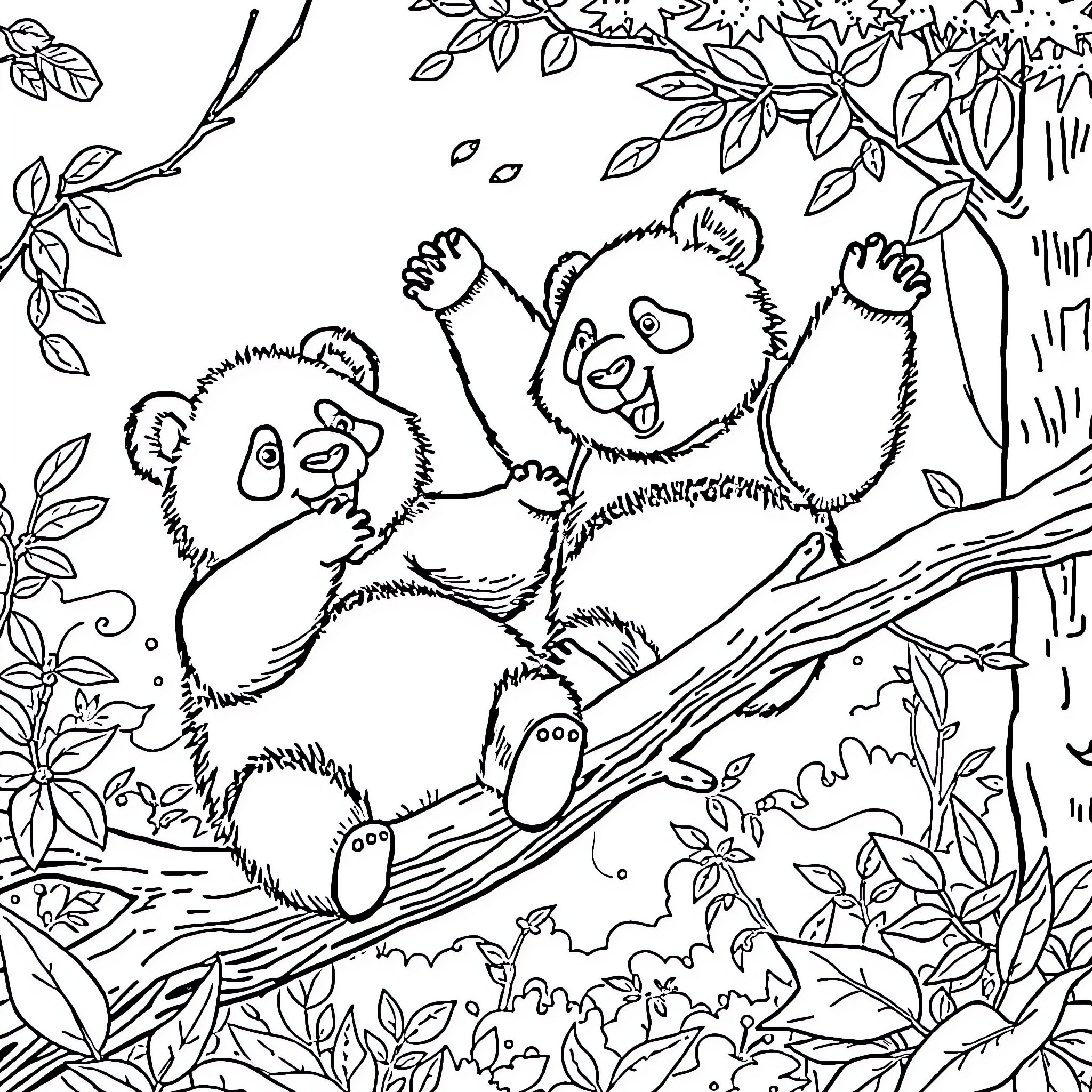 Panda duo playing joyfully in nature Coloring Page (free black-and-white line drawing printable PDF for all, from beginners to advanced learners, including children, teens, adults, and seniors)