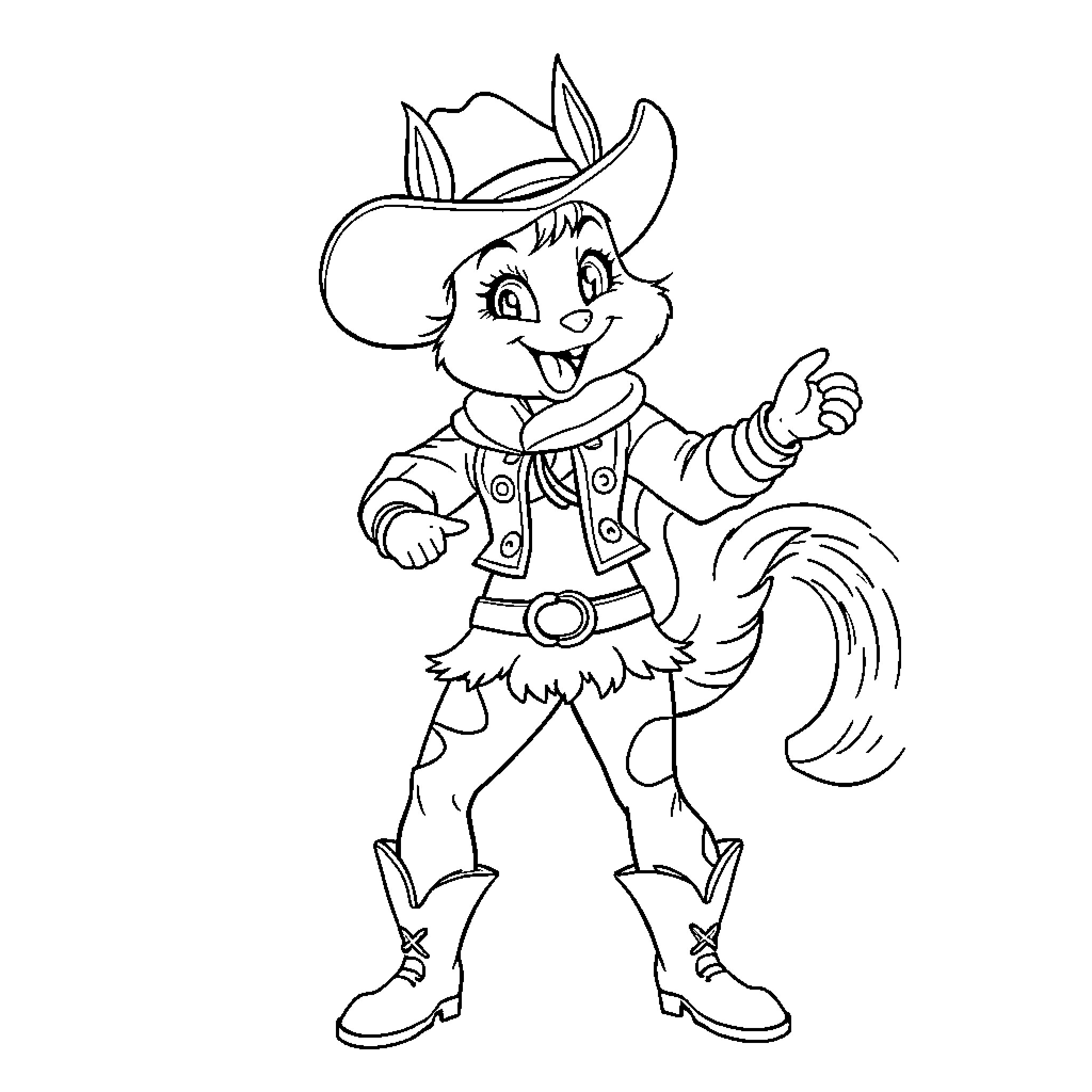 Squirrel Girl in Cowboy Outfit Strikes a Pose Coloring Page (free black-and-white line drawing printable PDF for all, from beginners to advanced learners, including children, teens, adults, and seniors)