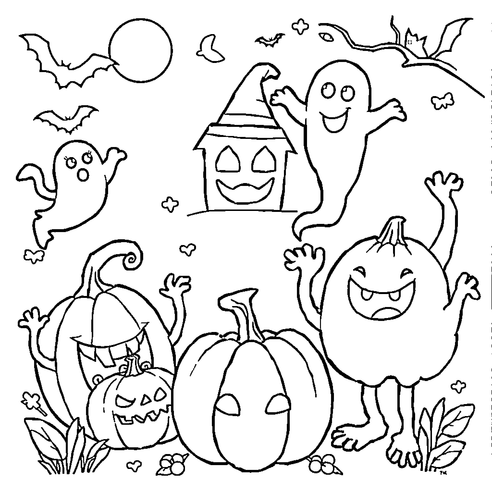 Halloween Creatures Celebrating with Pumpkins and Ghosts Coloring Page (free black-and-white line drawing printable PDF for all, from beginners to advanced learners, including children, teens, adults, and seniors)