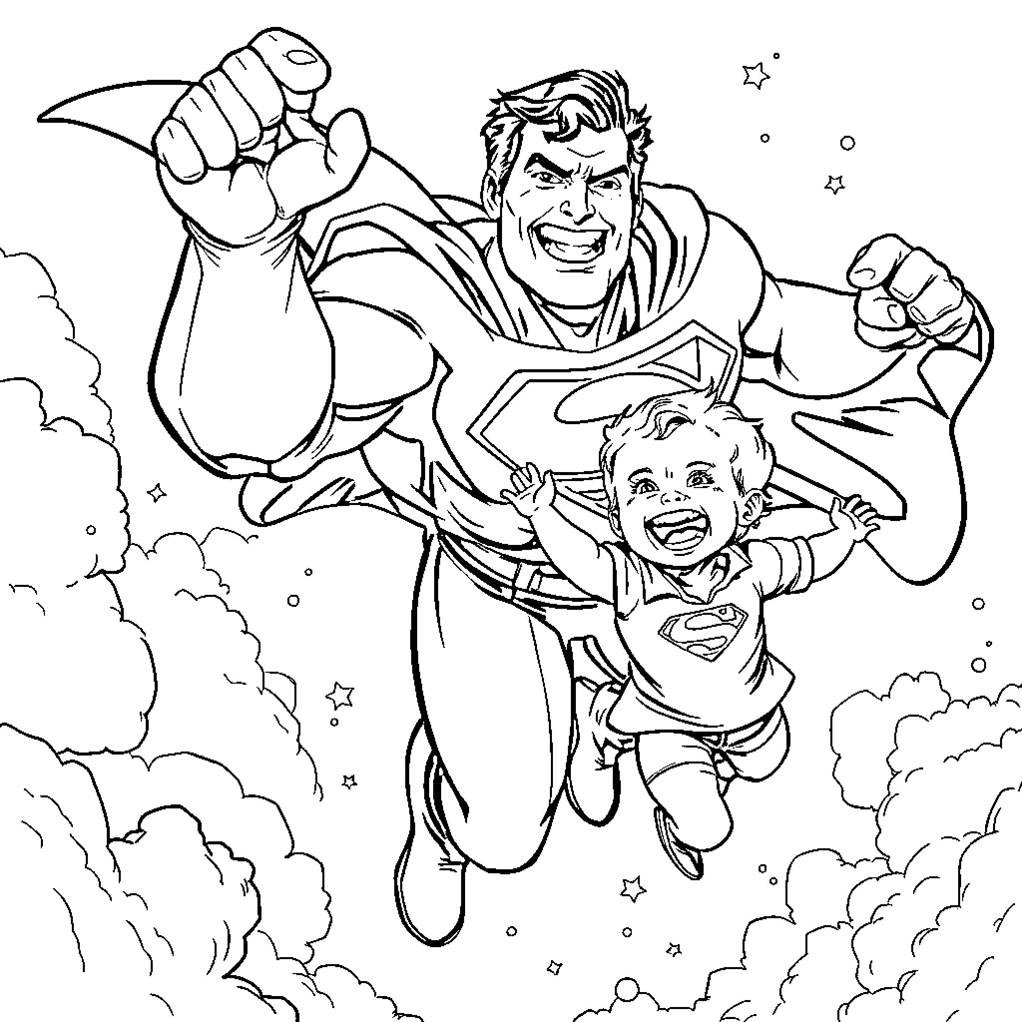 Superman and boy soaring together through the sky Coloring Page (free black-and-white line drawing printable PDF for all, from beginners to advanced learners, including children, teens, adults, and seniors)