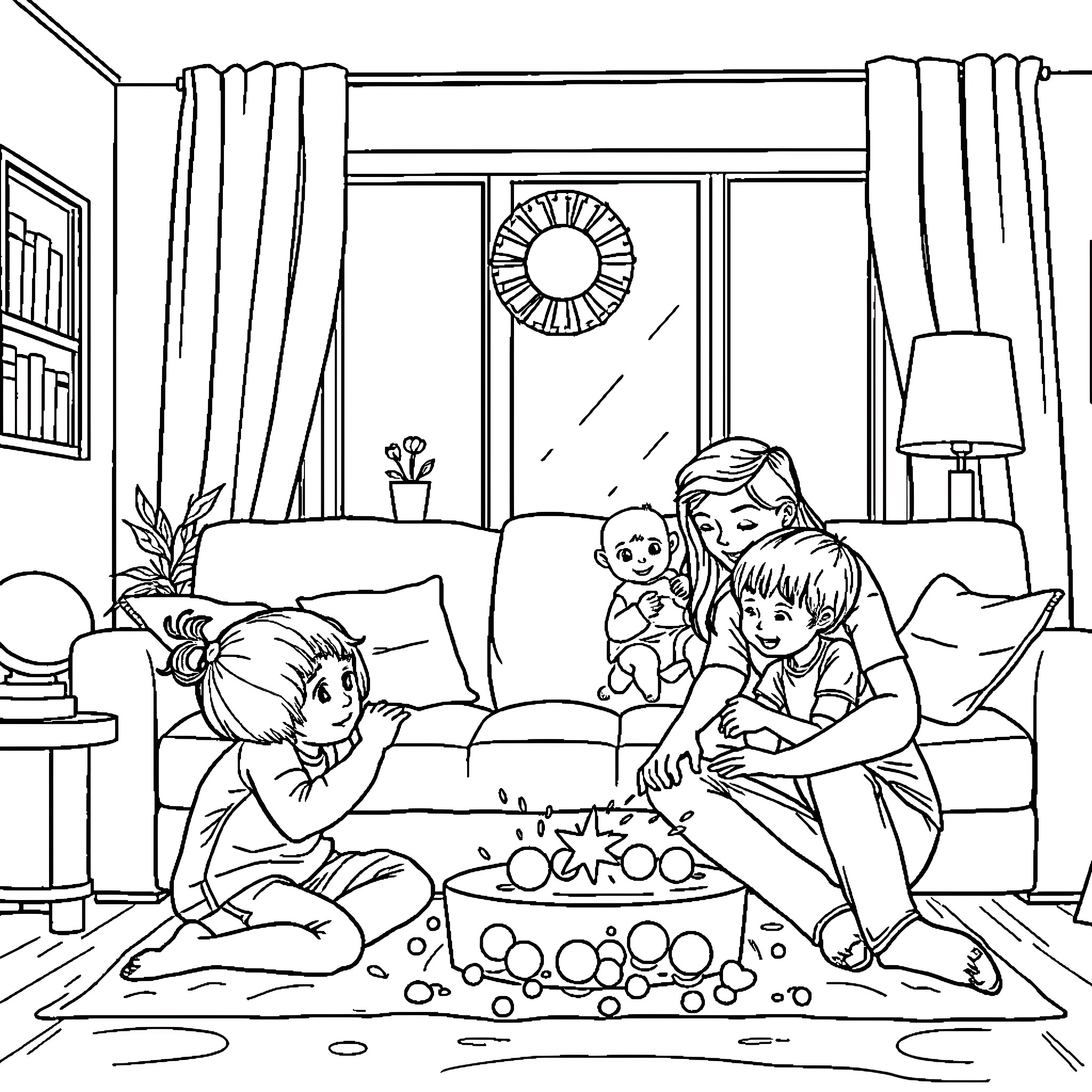 Family playing with toys on living room floor Coloring Page (free black-and-white line drawing printable PDF for all, from beginners to advanced learners, including children, teens, adults, and seniors)