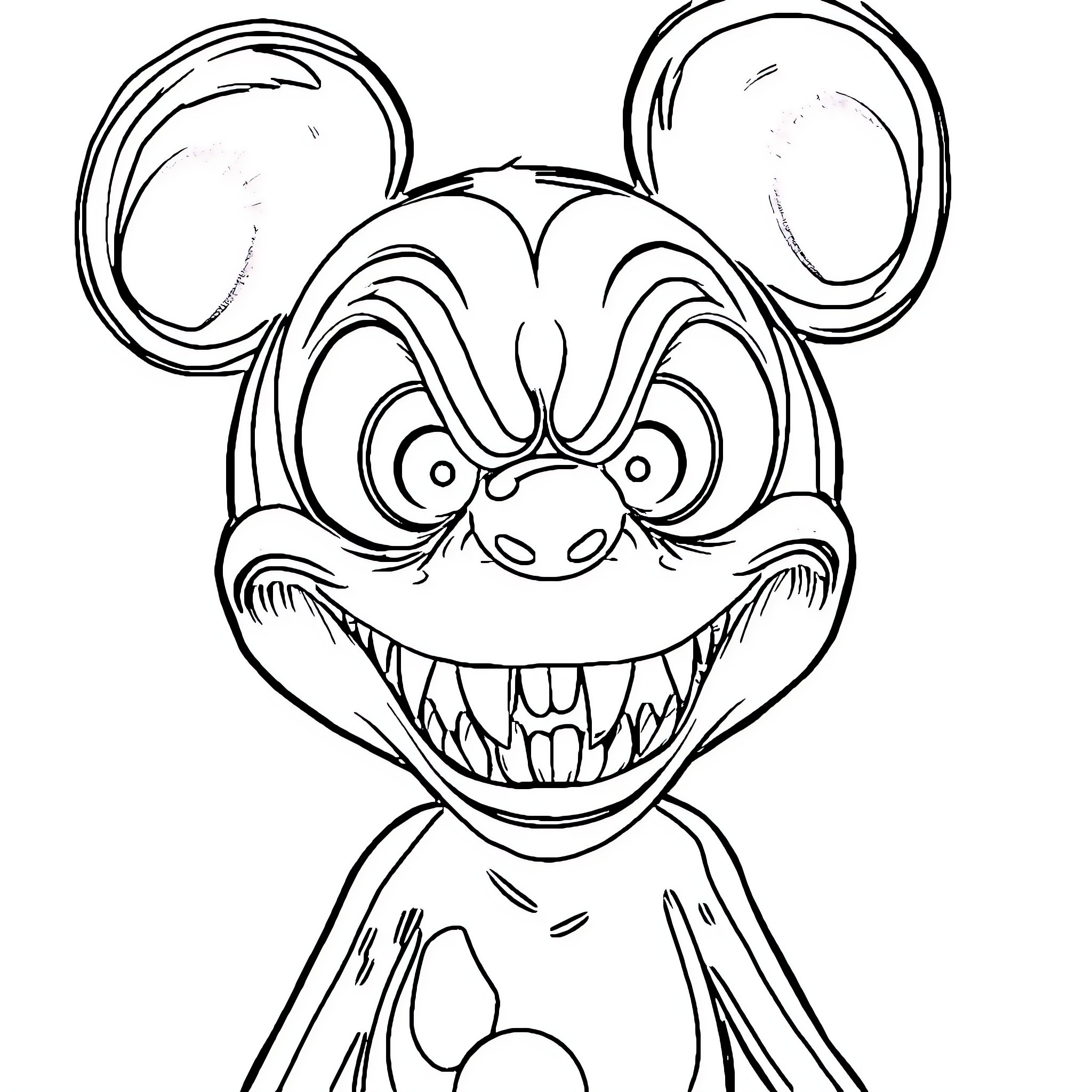 Mickey Mouse as a Frightening Creature Coloring Page (free black-and-white line drawing printable PDF for all, from beginners to advanced learners, including children, teens, adults, and seniors)