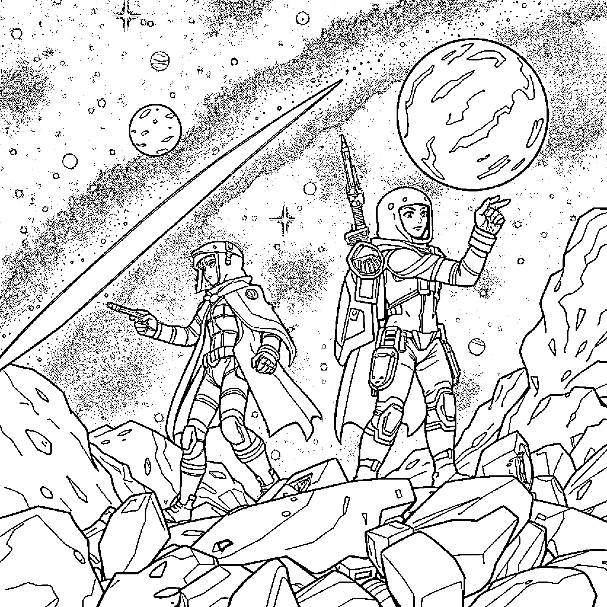 Space Anime Astronauts on Alien Planet Exploration Coloring Page (free black-and-white line drawing printable PDF for all, from beginners to advanced learners, including children, teens, adults, and seniors)