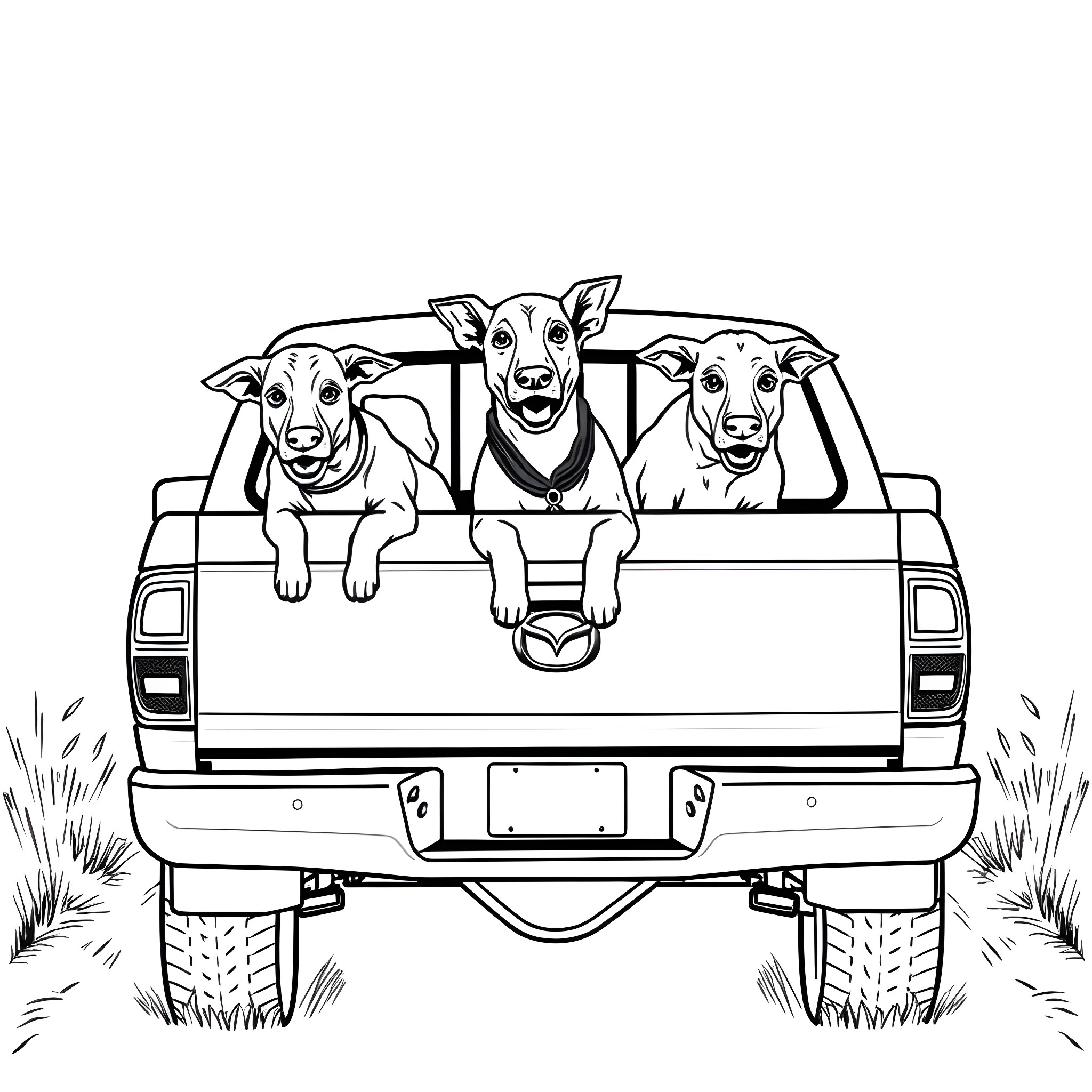 Mazda dogs excitedly riding in the back of a truck Coloring Page (free black-and-white line drawing printable PDF for all, from beginners to advanced learners, including children, teens, adults, and seniors)