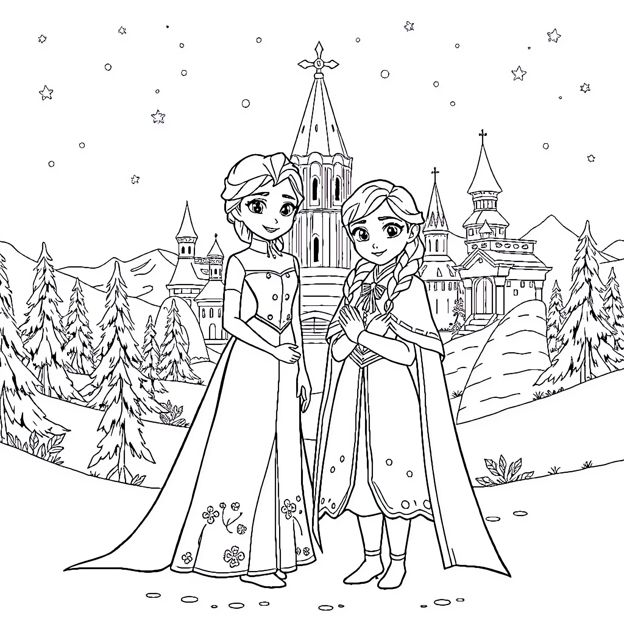 Elsa and Anna in a winter wonderland Coloring Page (free black-and-white line drawing printable PDF for all, from beginners to advanced learners, including children, teens, adults, and seniors)