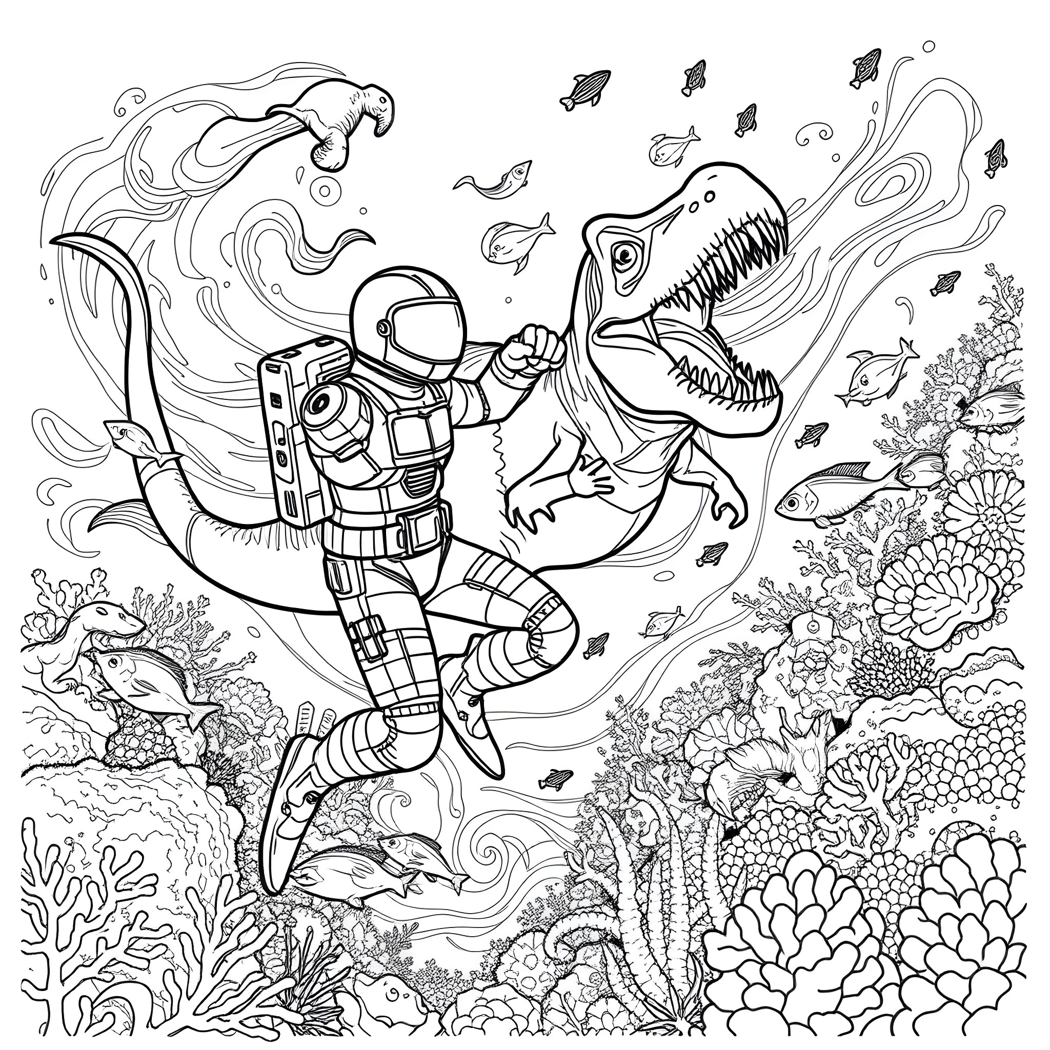 Spaceman exploring the deep sea with a giant fish Coloring Page (free black-and-white line drawing printable PDF for all, from beginners to advanced learners, including children, teens, adults, and seniors)