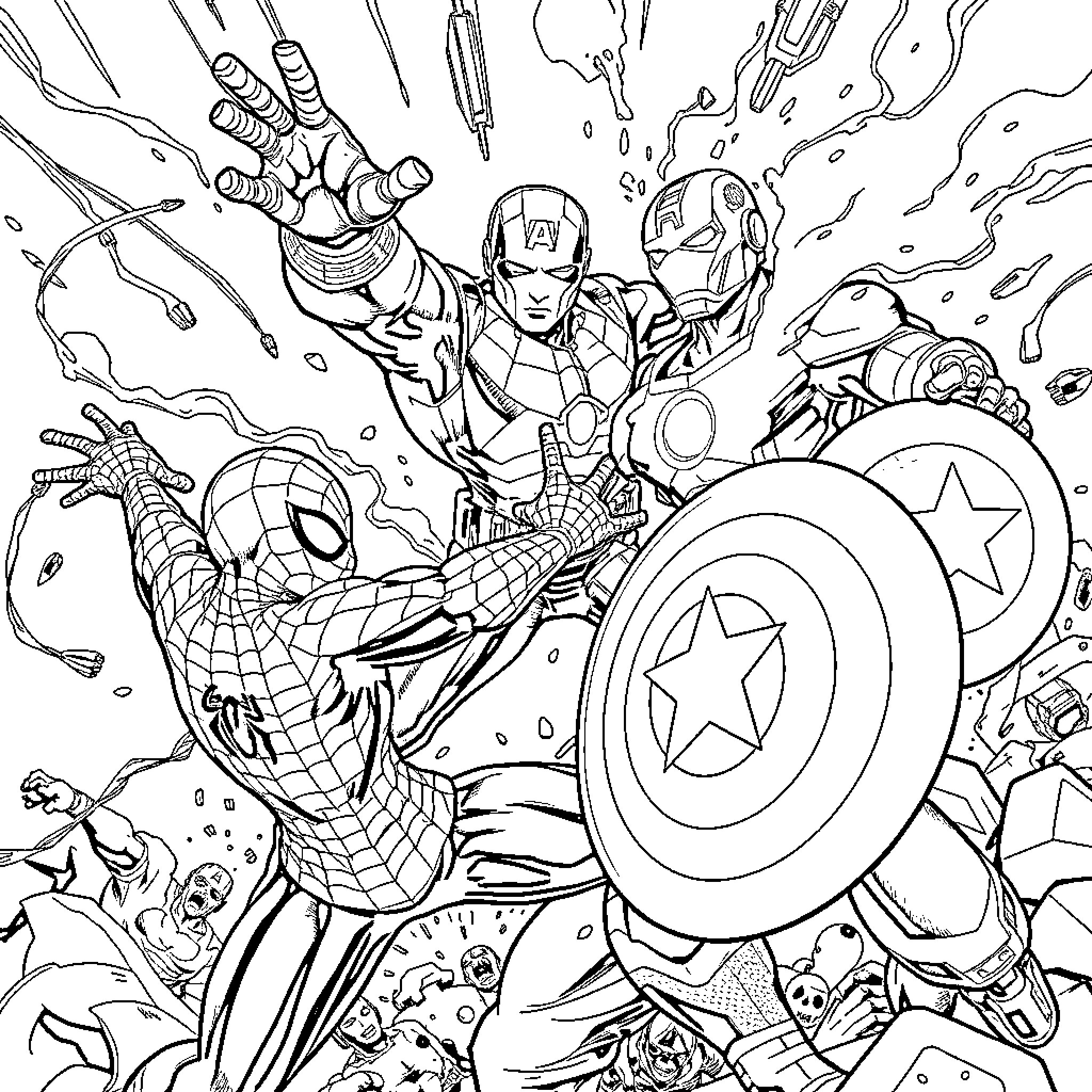 Spider-Man battles alongside Marvel superheroes in action-packed scene Coloring Page (free black-and-white line drawing printable PDF for all, from beginners to advanced learners, including children, teens, adults, and seniors)