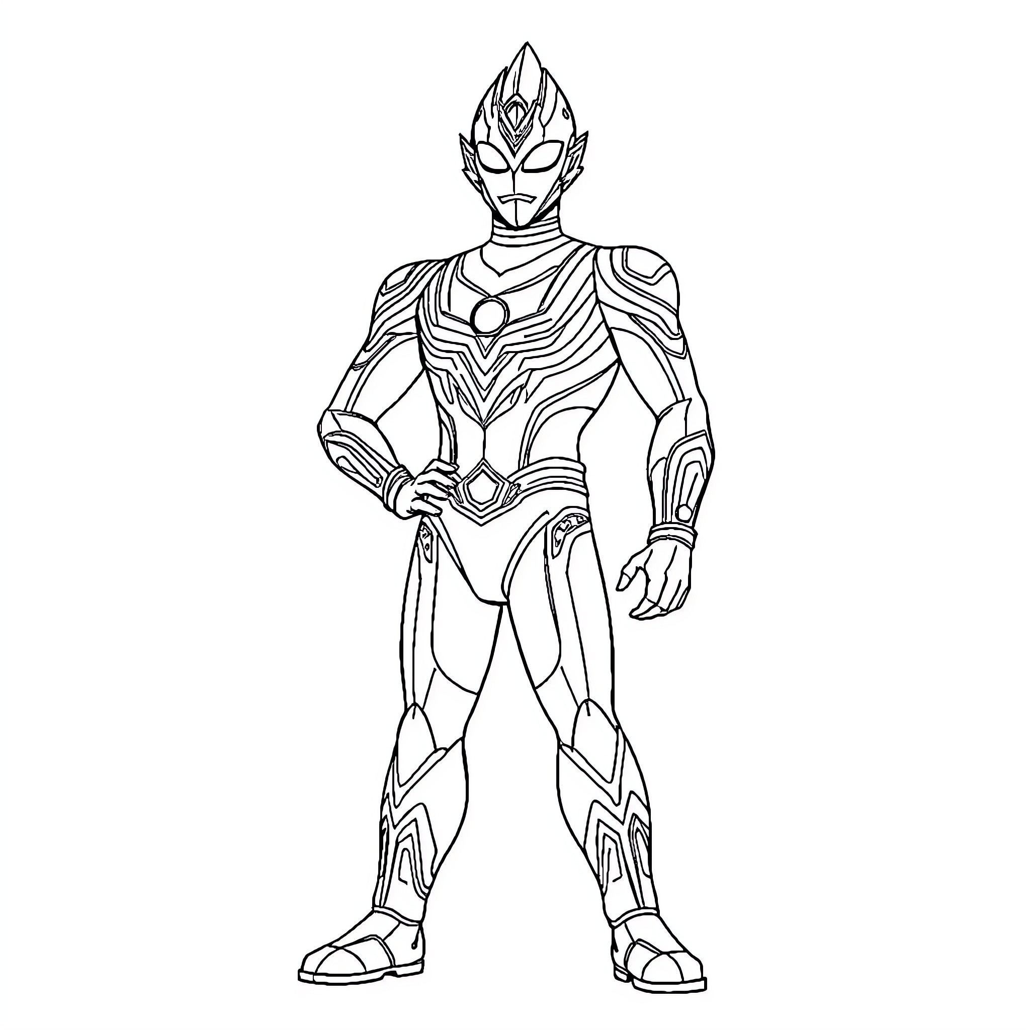 Ultraman hero in heroic pose Coloring Page (free black-and-white line drawing printable PDF for all, from beginners to advanced learners, including children, teens, adults, and seniors)