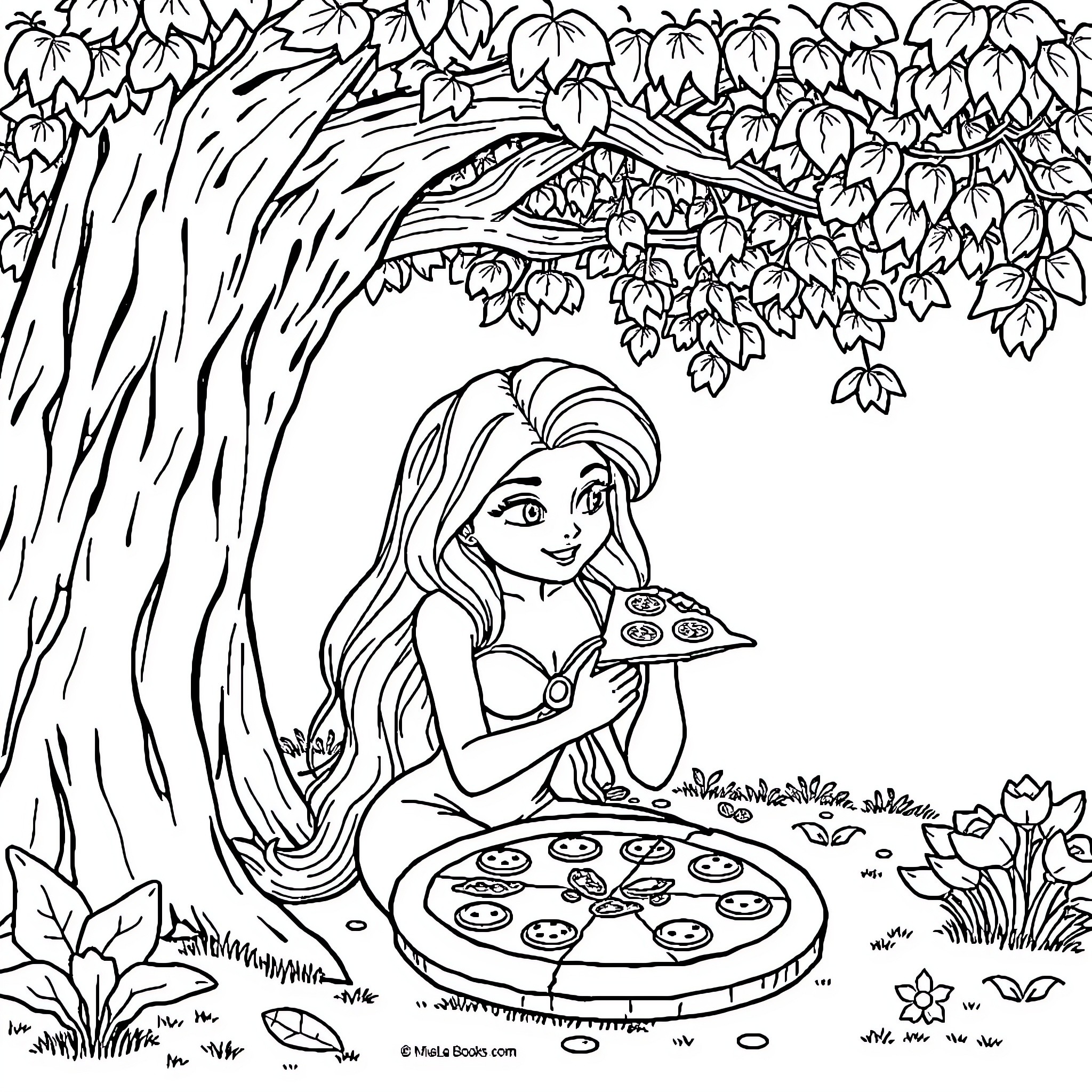 Sleeping Beauty enjoying a picnic under a tree Coloring Page (free black-and-white line drawing printable PDF for all, from beginners to advanced learners, including children, teens, adults, and seniors)