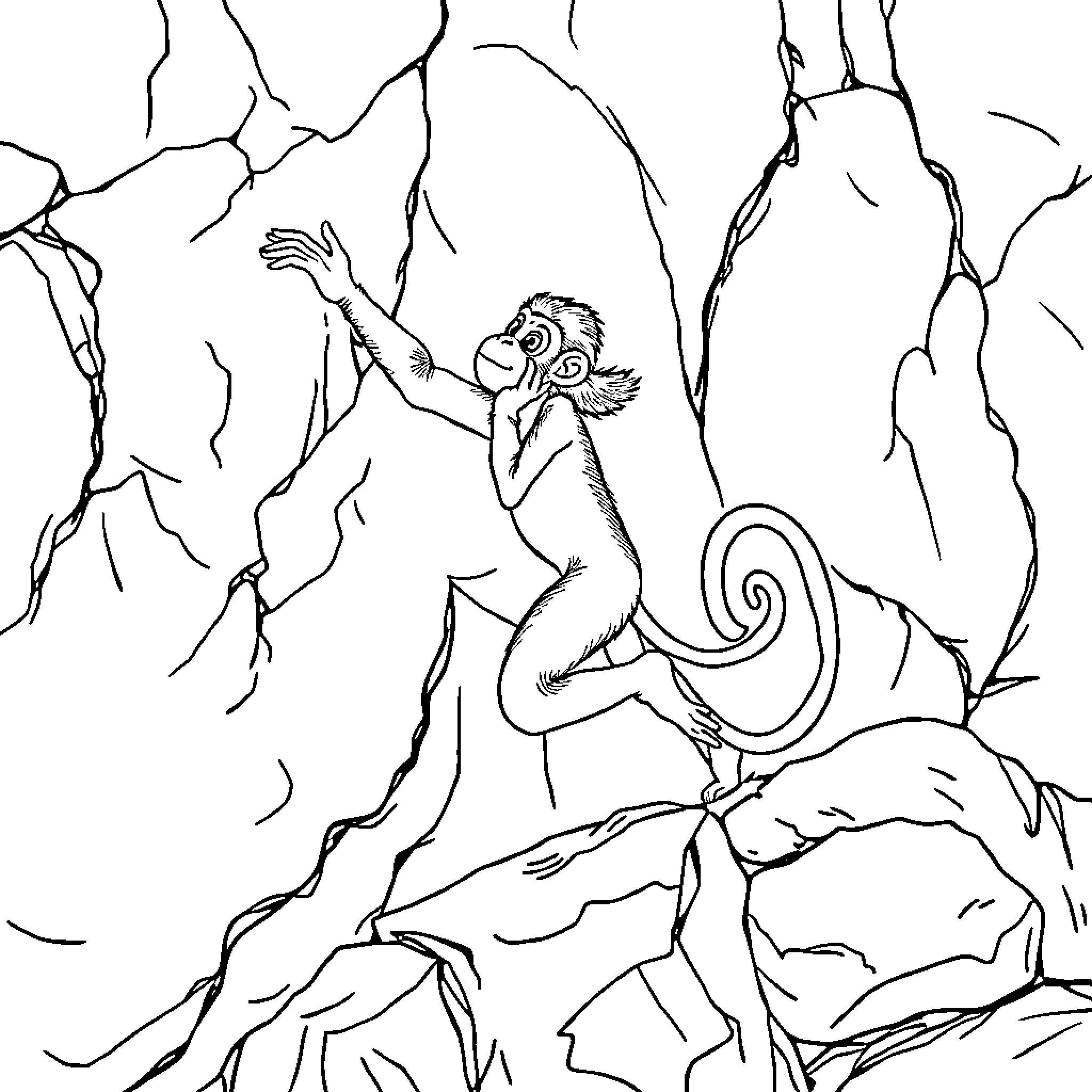 Boulder Monkey Climbing Over Cliffs Coloring Page (free black-and-white line drawing printable PDF for all, from beginners to advanced learners, including children, teens, adults, and seniors)