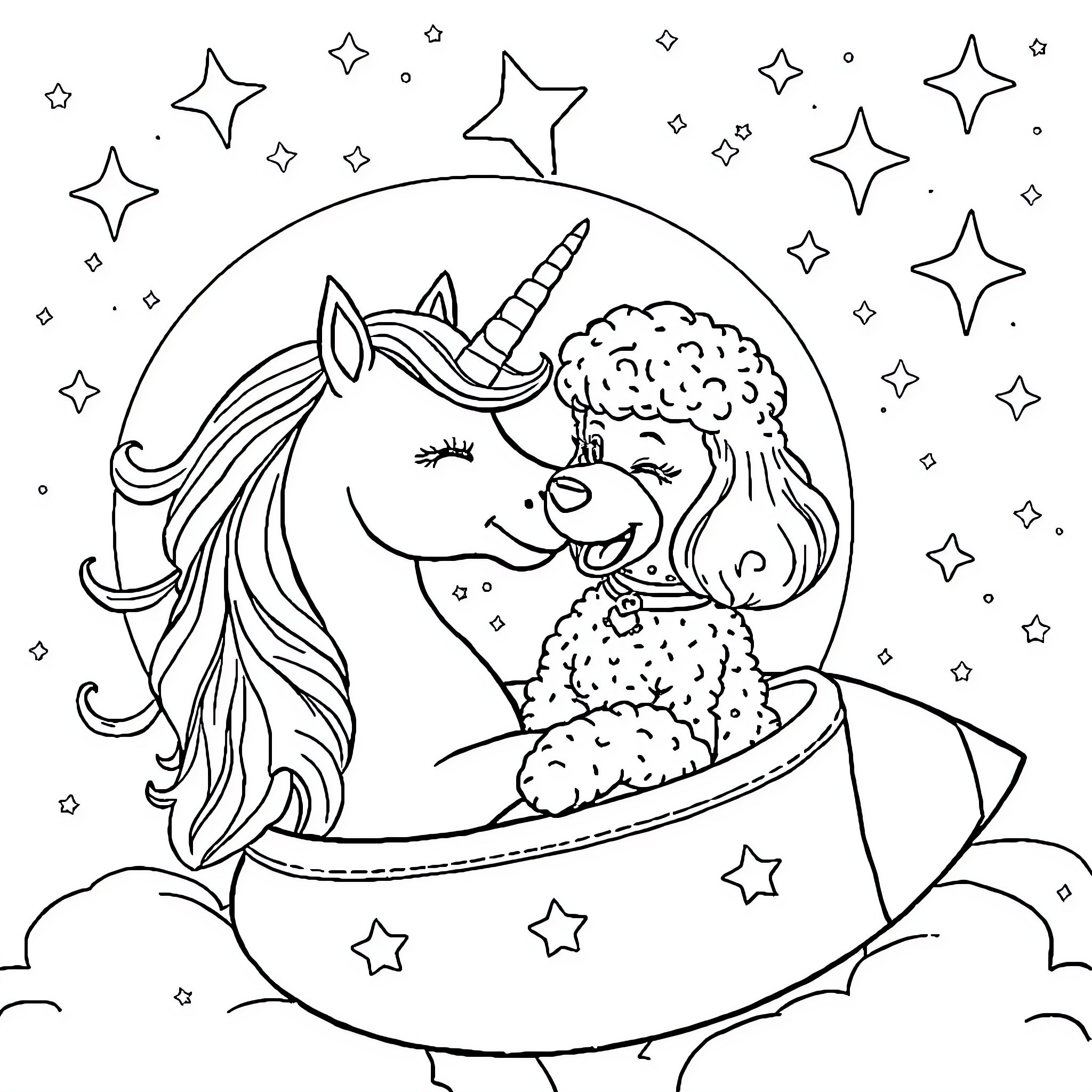 Unicorn Riding a Cloud Surrounded by Stars Coloring Page (free black-and-white line drawing printable PDF for all, from beginners to advanced learners, including children, teens, adults, and seniors)