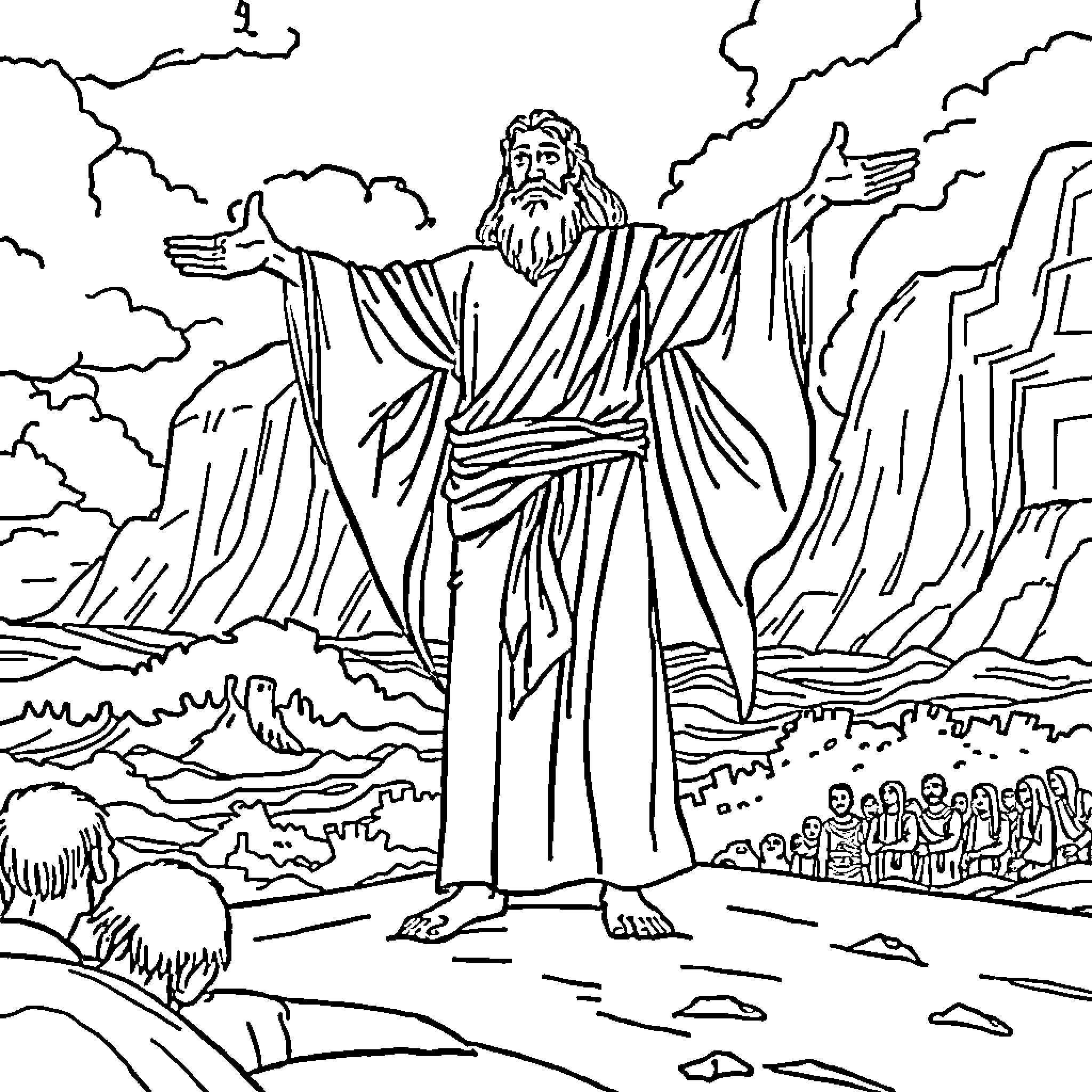 Moses parting the sea with divine command Coloring Page (free black-and-white line drawing printable PDF for all, from beginners to advanced learners, including children, teens, adults, and seniors)