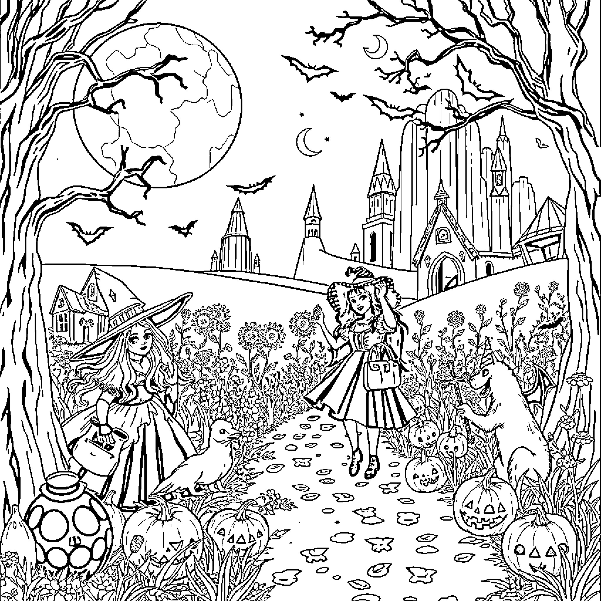 Wizard's Enchanting Halloween Adventure Coloring Page (free black-and-white line drawing printable PDF for all, from beginners to advanced learners, including children, teens, adults, and seniors)