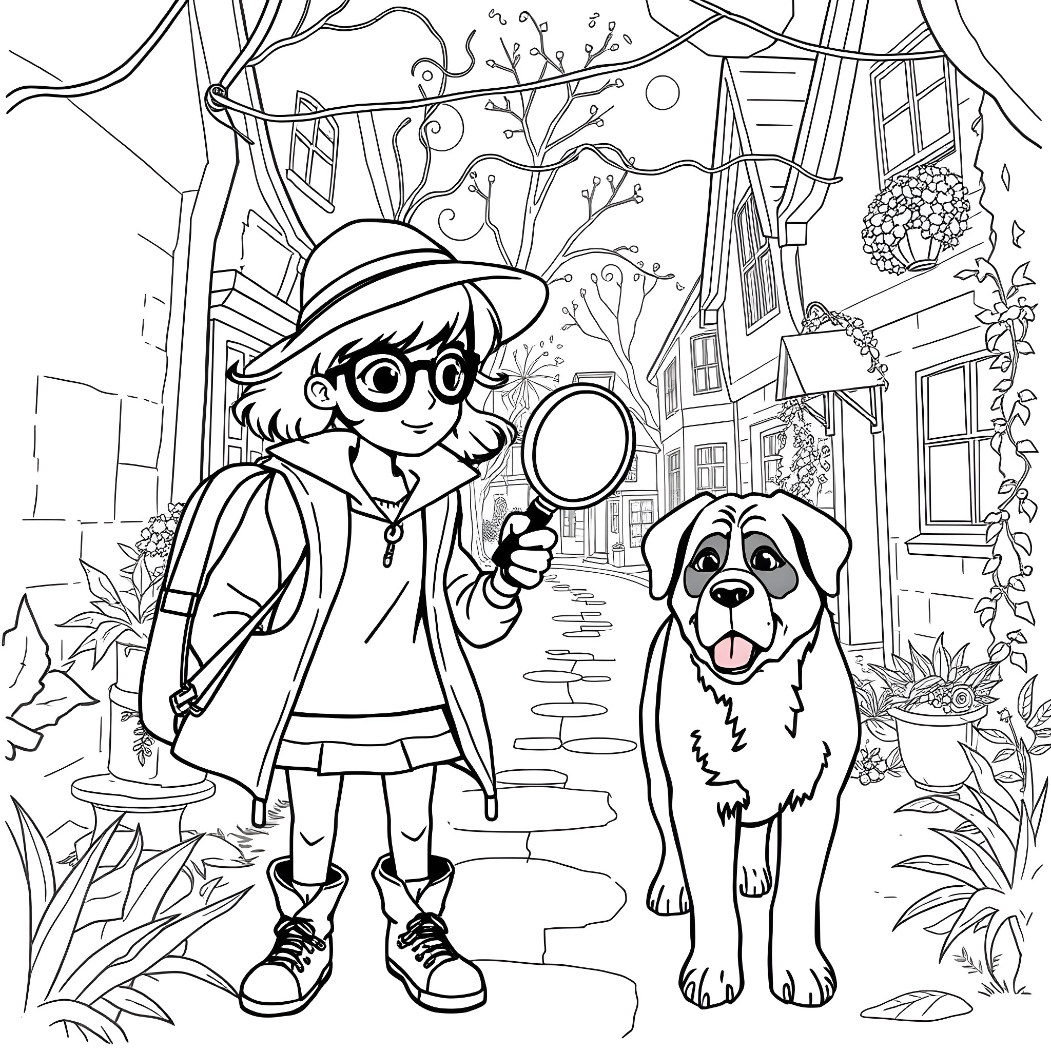 Teen Girl Exploring the Neighborhood with Her Dog Coloring Page (free black-and-white line drawing printable PDF for all, from beginners to advanced learners, including children, teens, adults, and seniors)