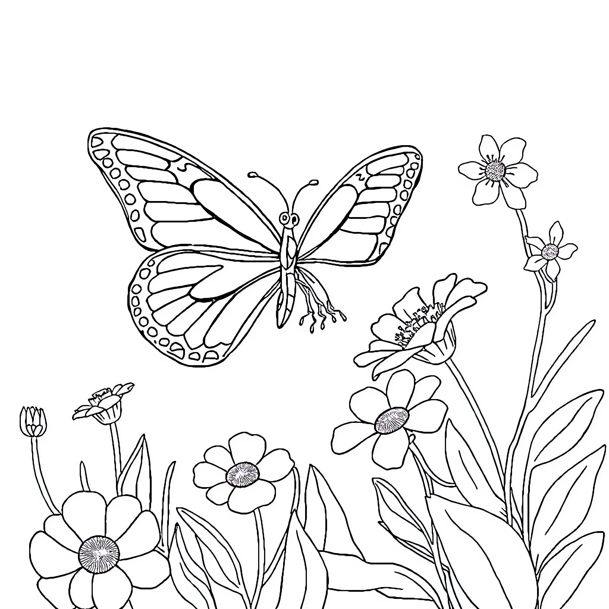 Butterfly flying amidst flowers in the garden Coloring Page (free black-and-white line drawing printable PDF for all, from beginners to advanced learners, including children, teens, adults, and seniors)