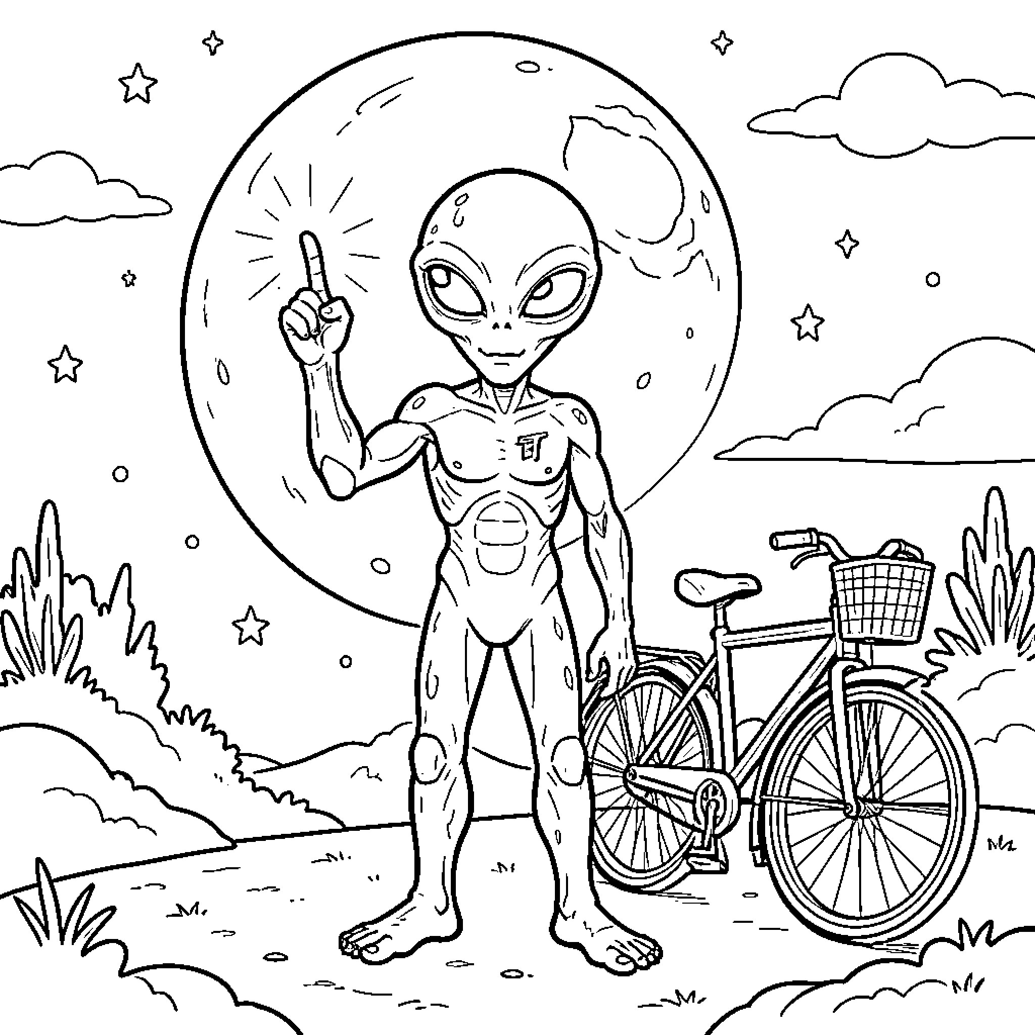 ET gesturing peacefully under the starry night sky Coloring Page (free black-and-white line drawing printable PDF for all, from beginners to advanced learners, including children, teens, adults, and seniors)